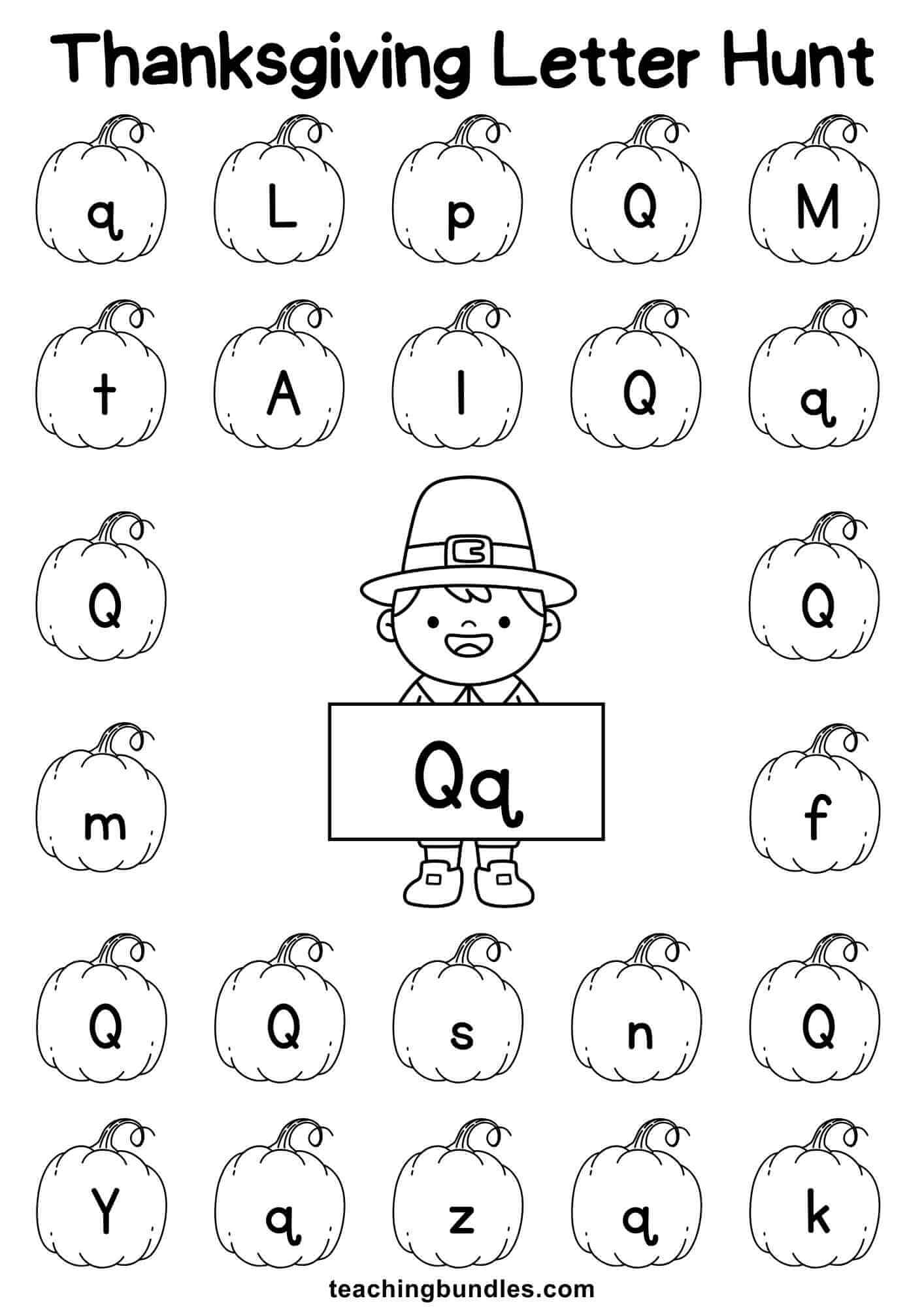 Thanksgiving learning sheet with pilgrim and pumpkin for letter Q hunt.