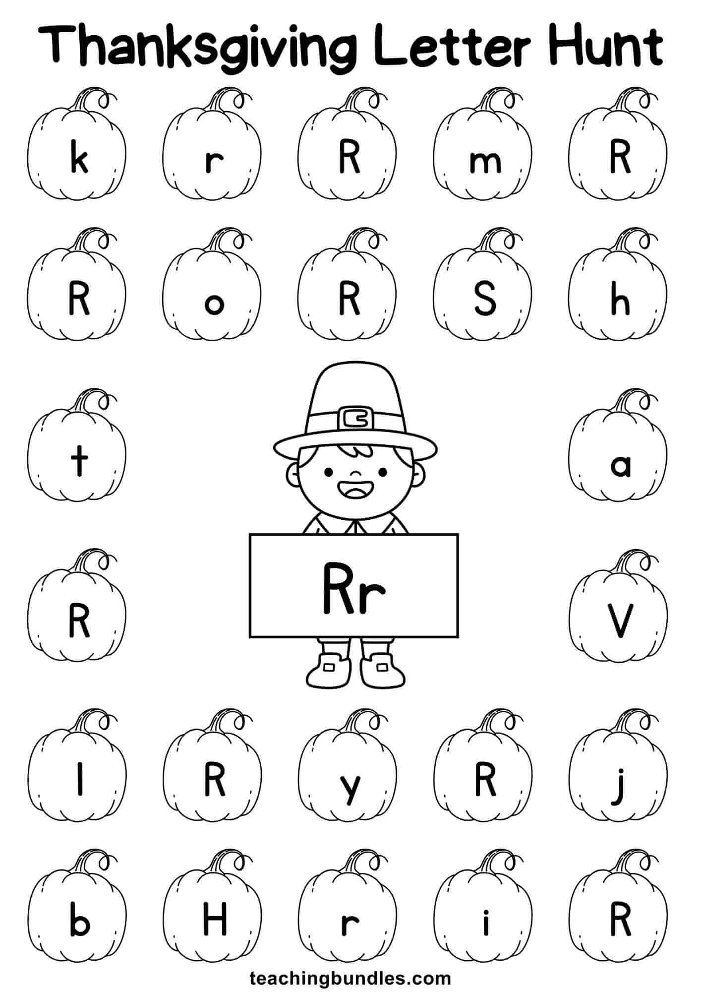 Thanksgiving learning sheet with pilgrim and pumpkin for letter R hunt.
