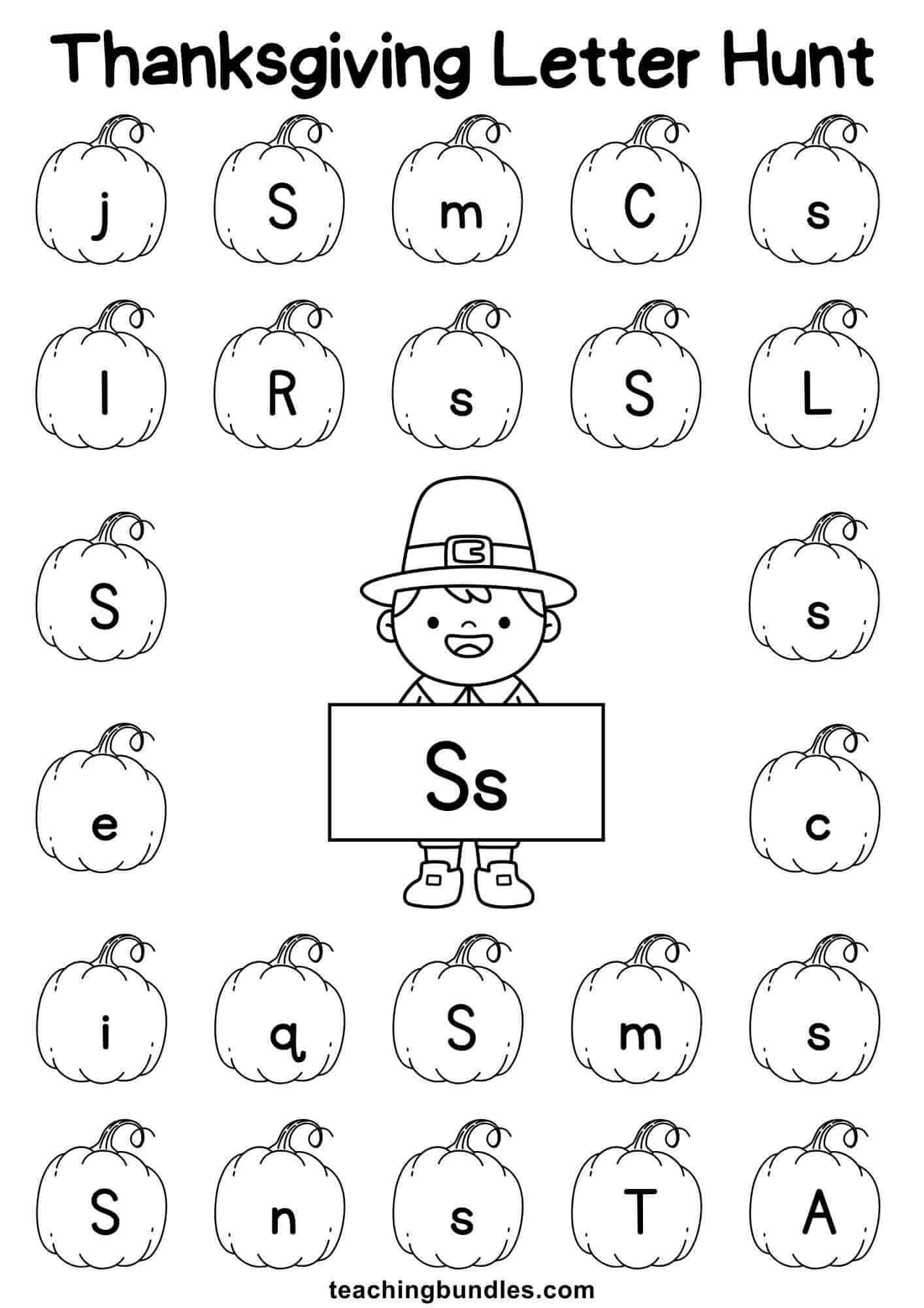 Thanksgiving learning sheet with pilgrim and pumpkin for letter S hunt.