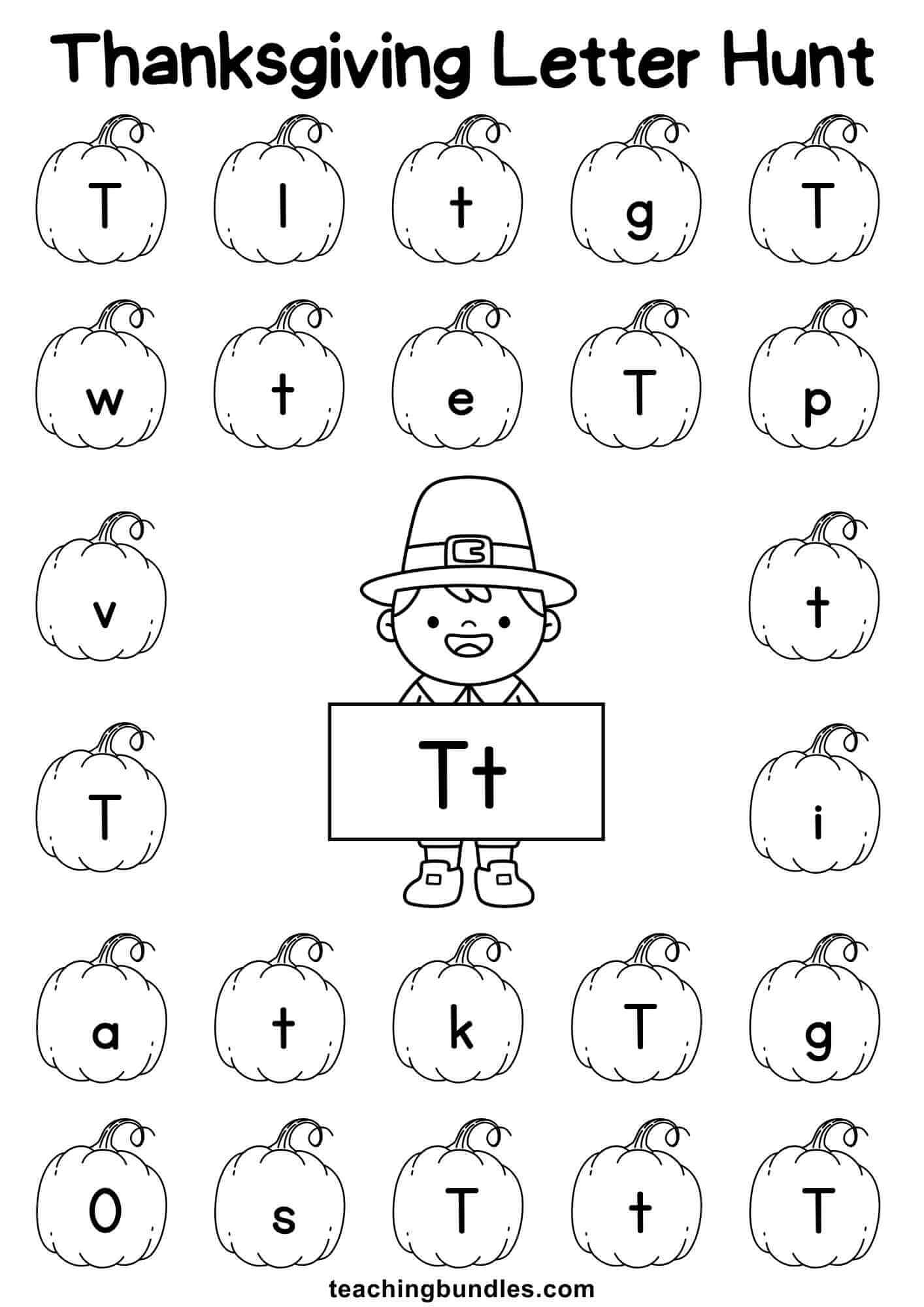 Thanksgiving learning sheet with pilgrim and pumpkin for letter T hunt.
