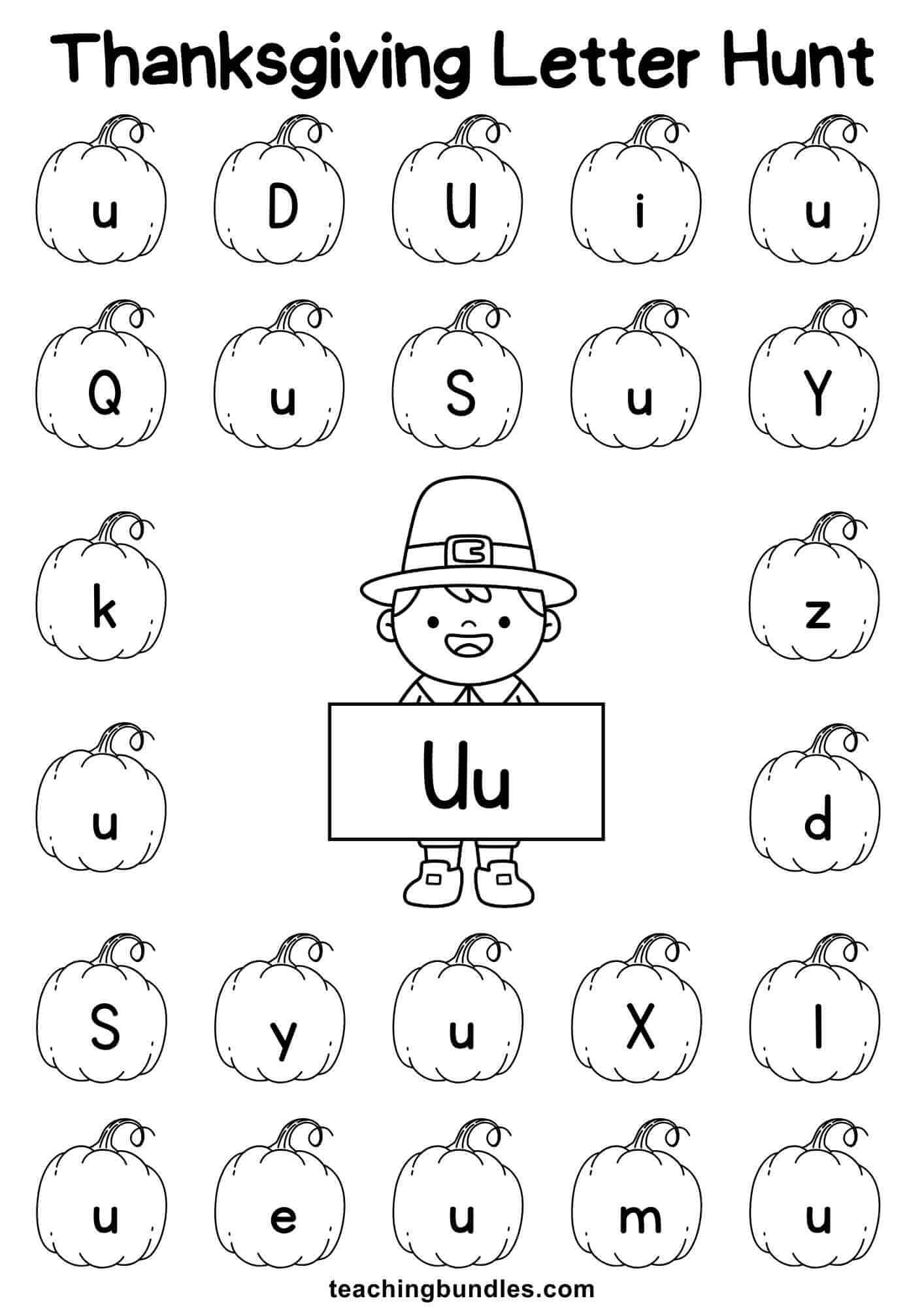 Thanksgiving learning sheet with pilgrim and pumpkin for letter U hunt.