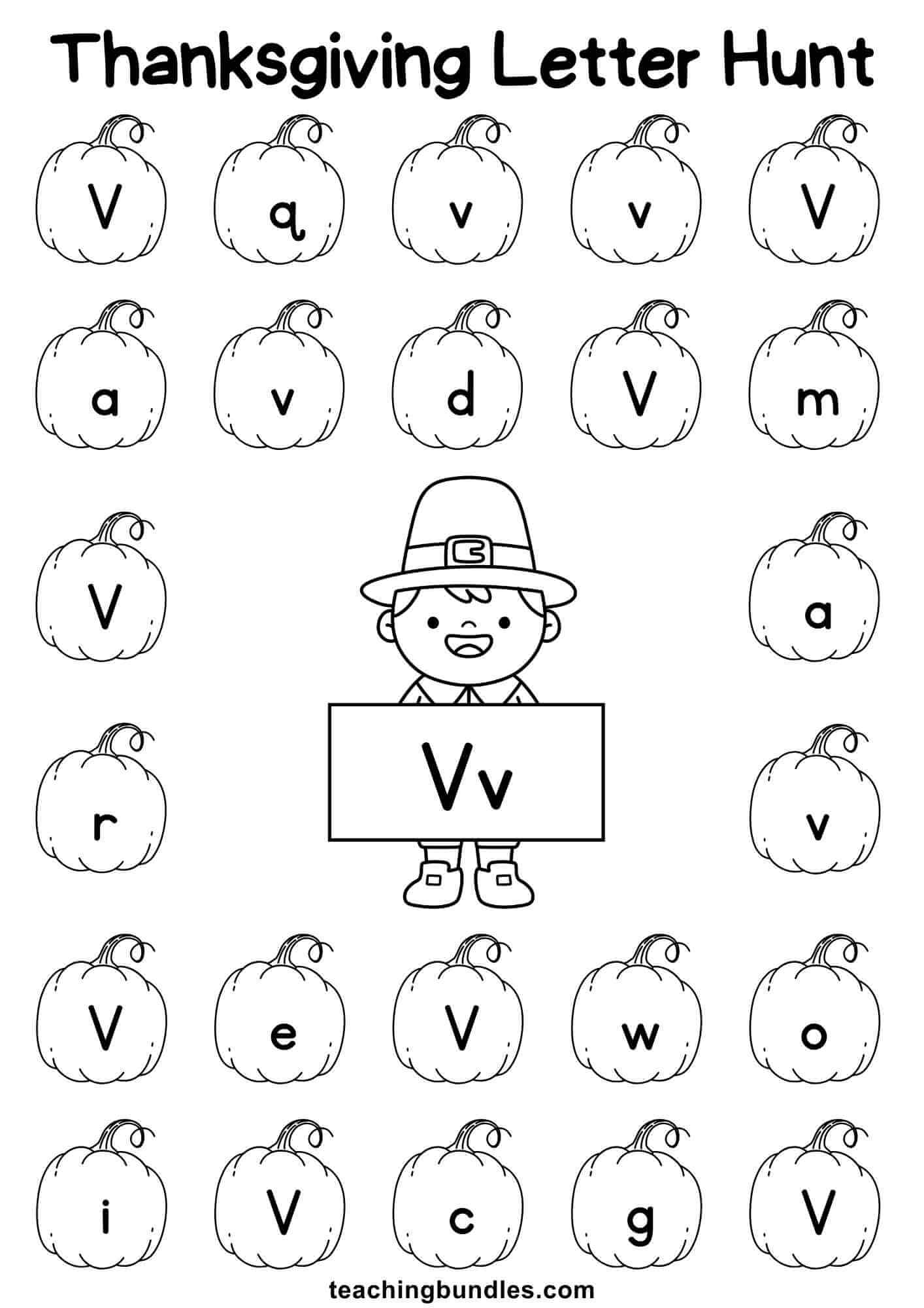 Thanksgiving learning sheet with pilgrim and pumpkin for letter V hunt.