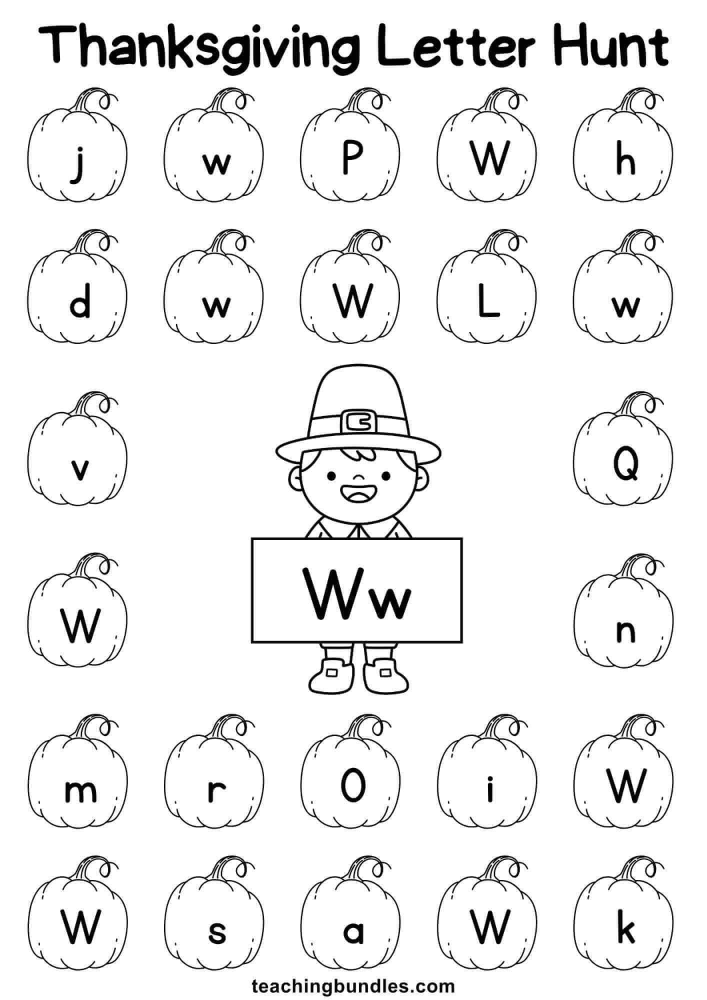 Thanksgiving learning sheet with pilgrim and pumpkin for letter W hunt.