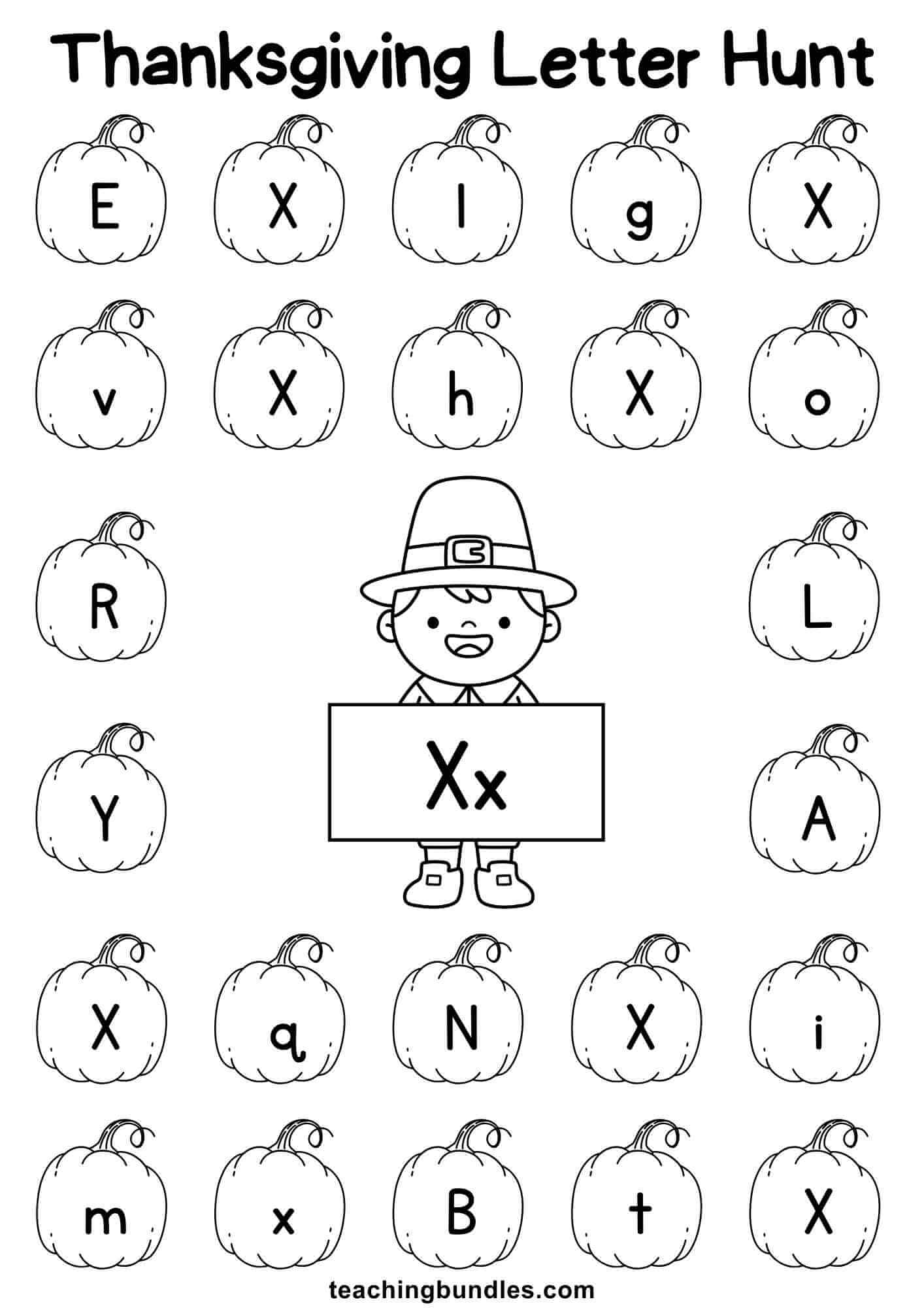 Thanksgiving learning sheet with pilgrim and pumpkin for letter X hunt.