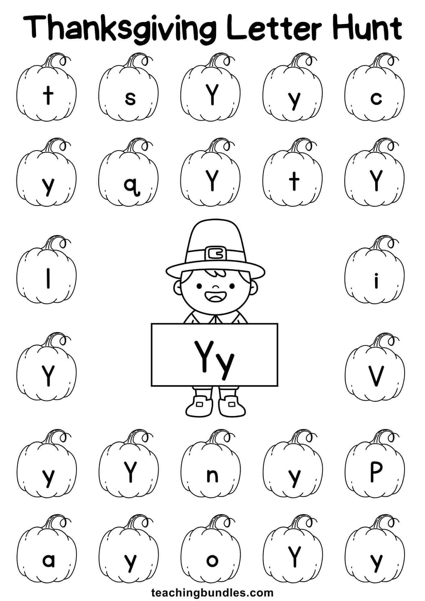 Thanksgiving learning sheet with pilgrim and pumpkin for letter Y hunt.