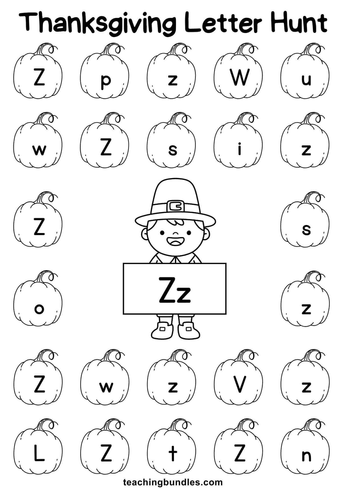 Thanksgiving learning sheet with pilgrim and pumpkin for letter Z hunt.