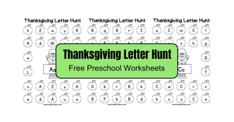 Thanksgiving alphabet hunt worksheet with pilgrim and pumpkin.