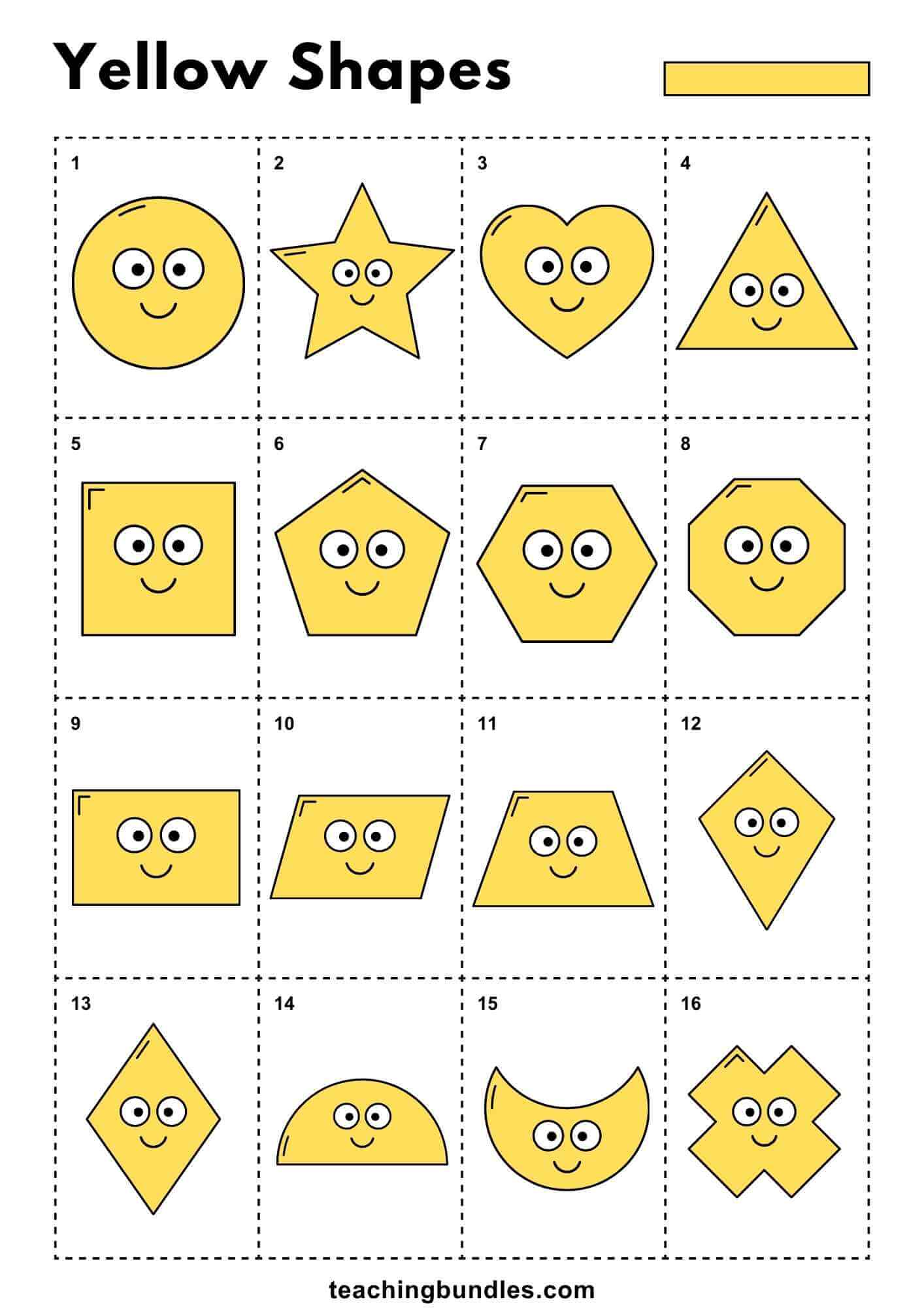 Printable educational poster of yellow shapes.
