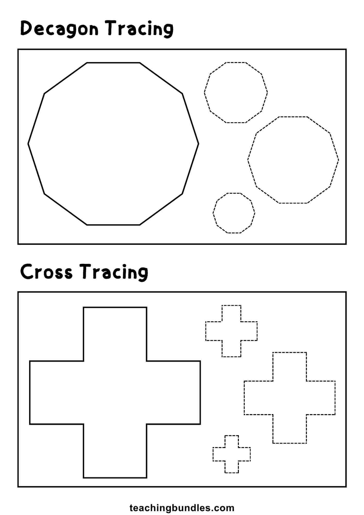 Shape tracing exercise with decagon and cross.