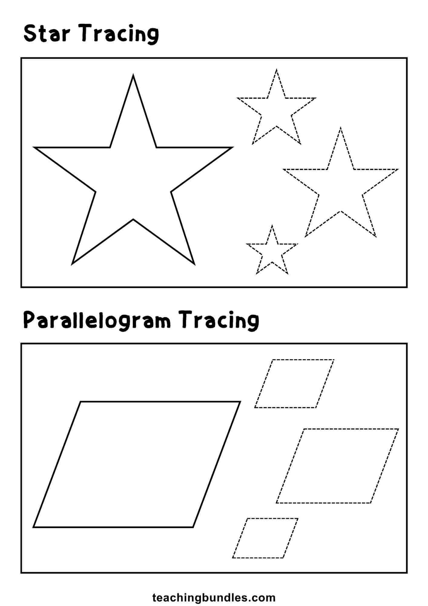 Shape tracing exercise with star and parallelogram.
