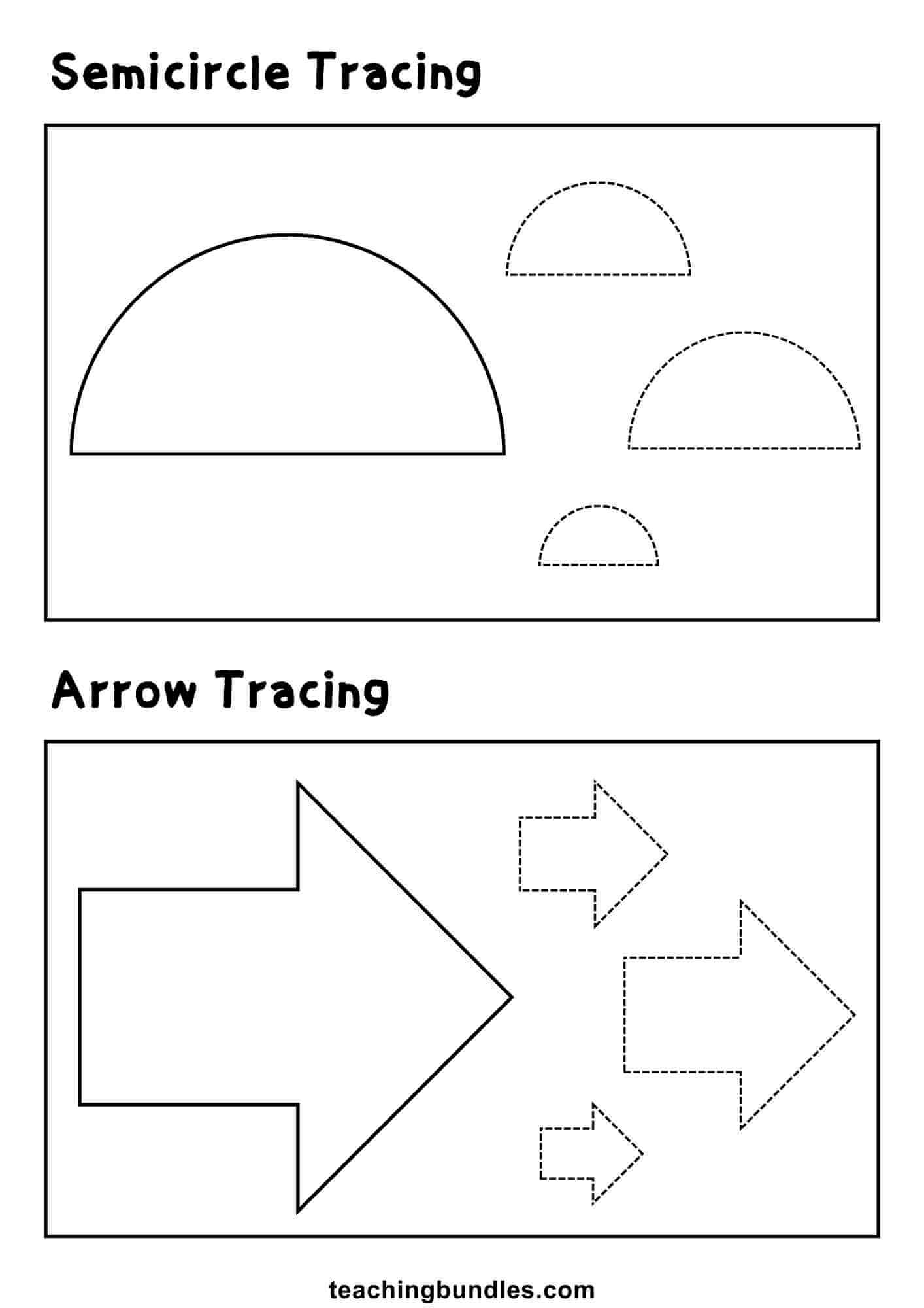 Shape tracing exercise with semicircle and arrow.