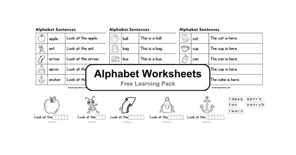 Alphabet A–Z worksheet combining letter recognition, images, and sentence building.