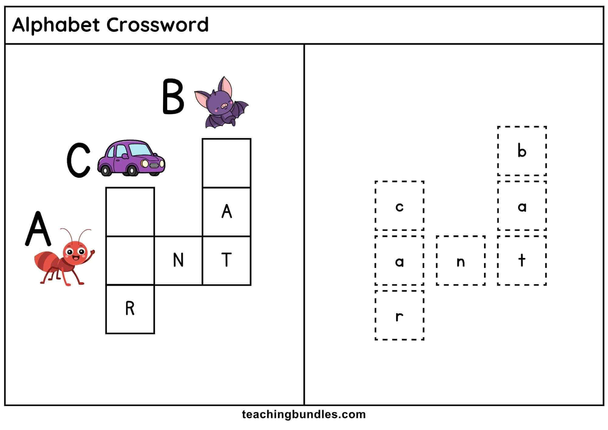 Alphabet crossword worksheet with ant, bat, and car.