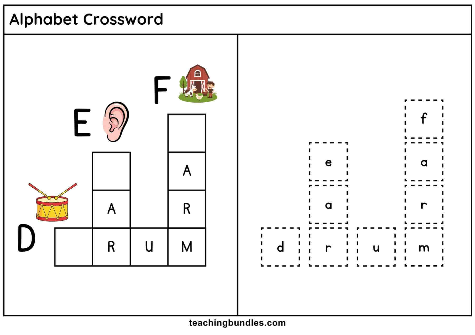 Alphabet crossword worksheet with drum, ear, and farm.