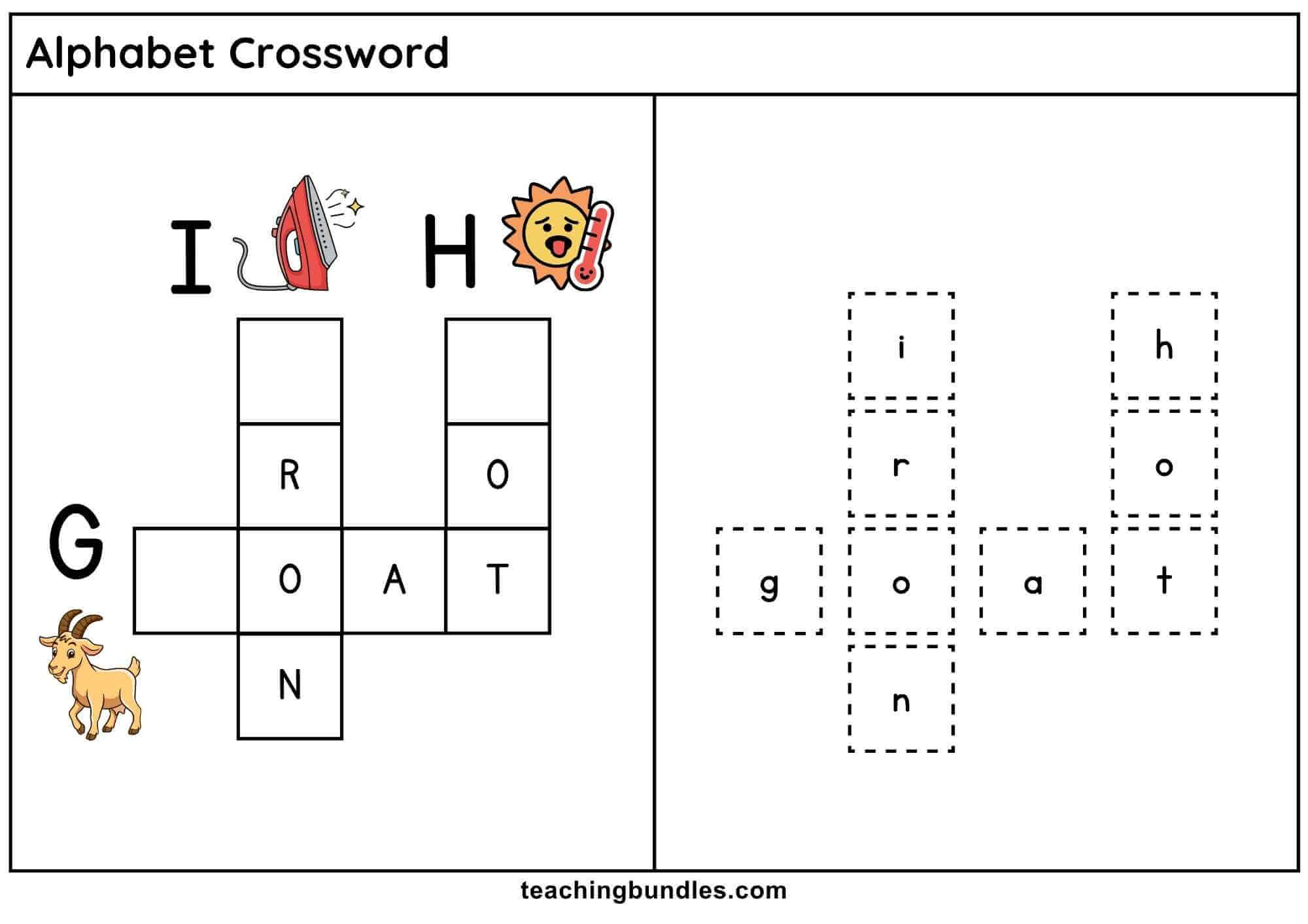 Alphabet crossword worksheet with goat, hot, and iron.