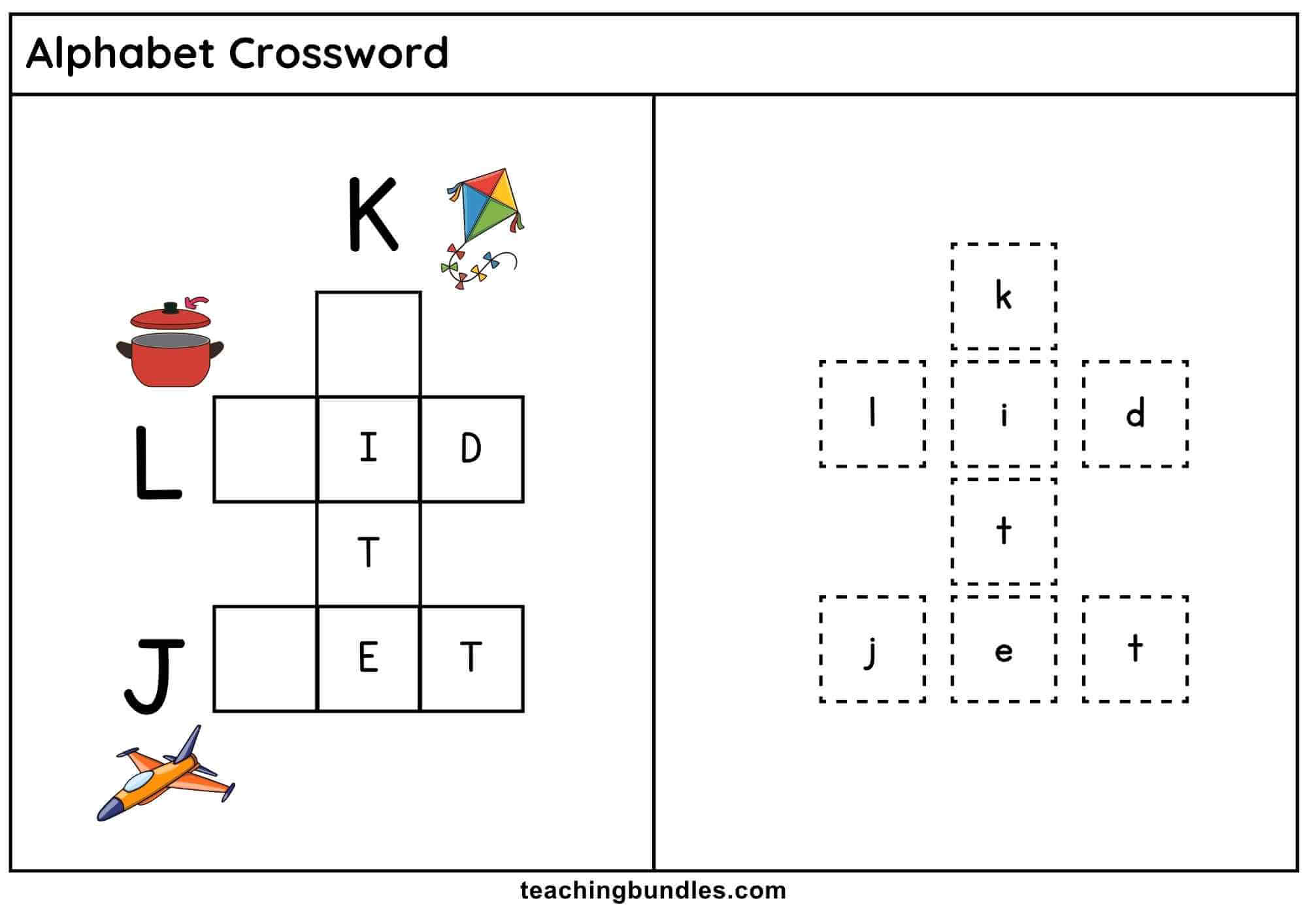 Alphabet crossword worksheet with jet, kite, and lid.