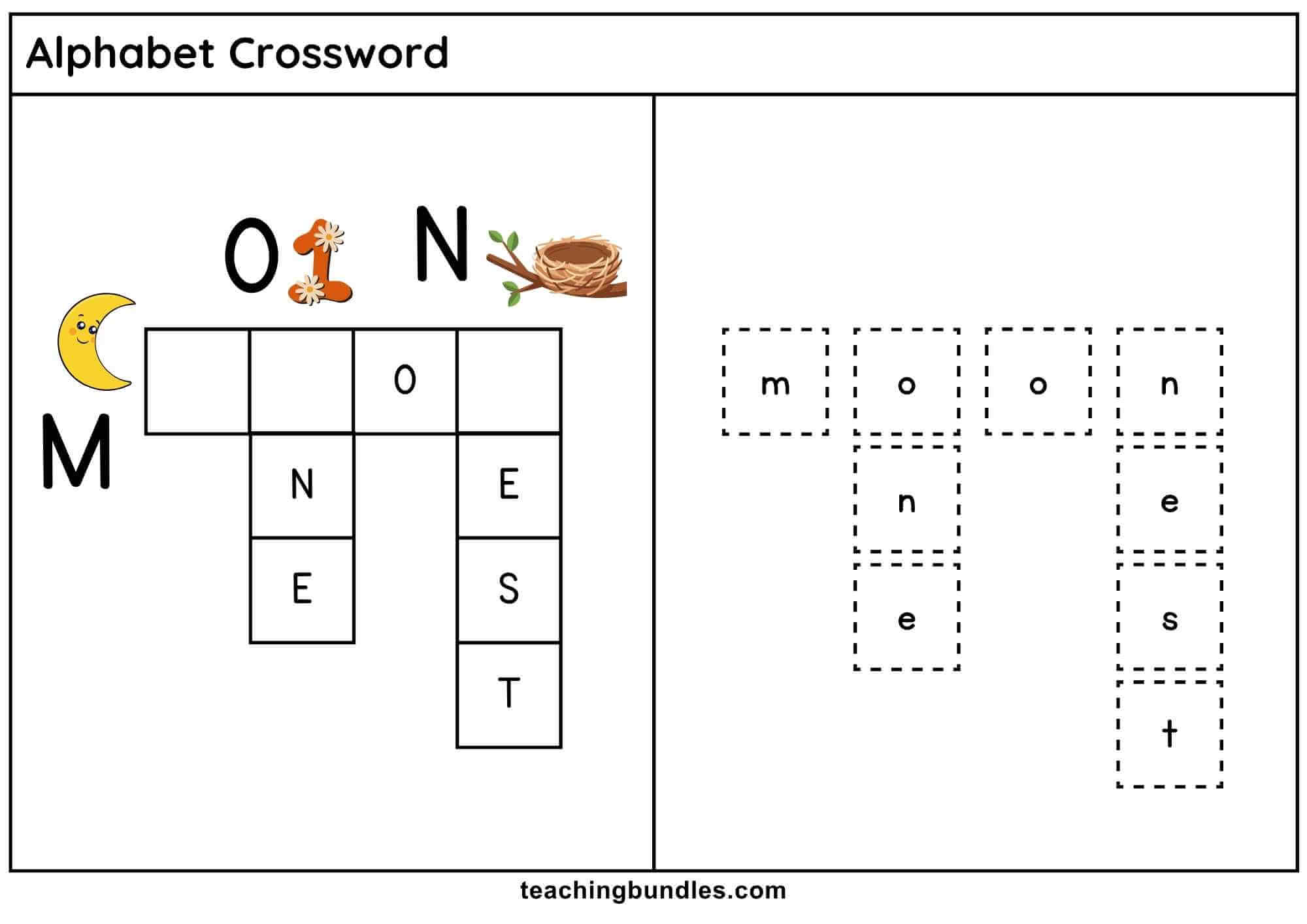 Alphabet crossword worksheet with moon, nest, and one.