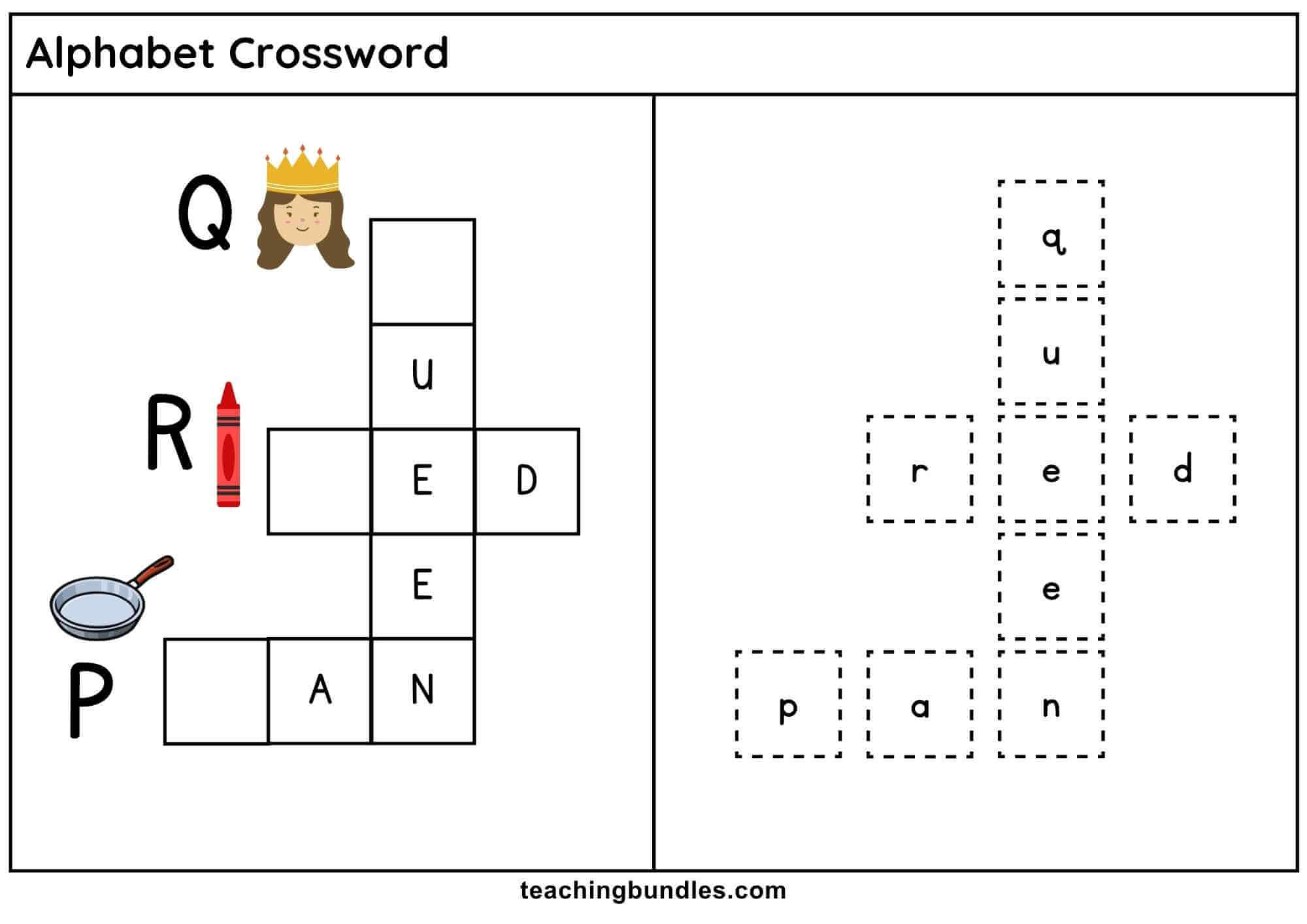 Alphabet crossword worksheet with pan, queen, and red.
