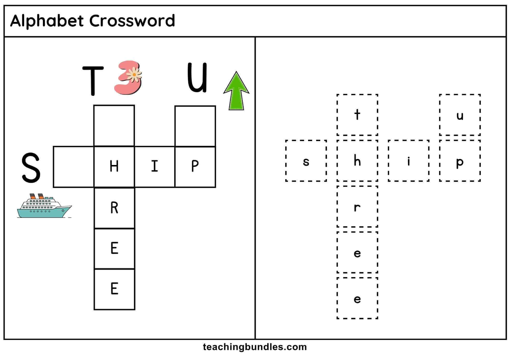Alphabet crossword worksheet with ship, three, and up.