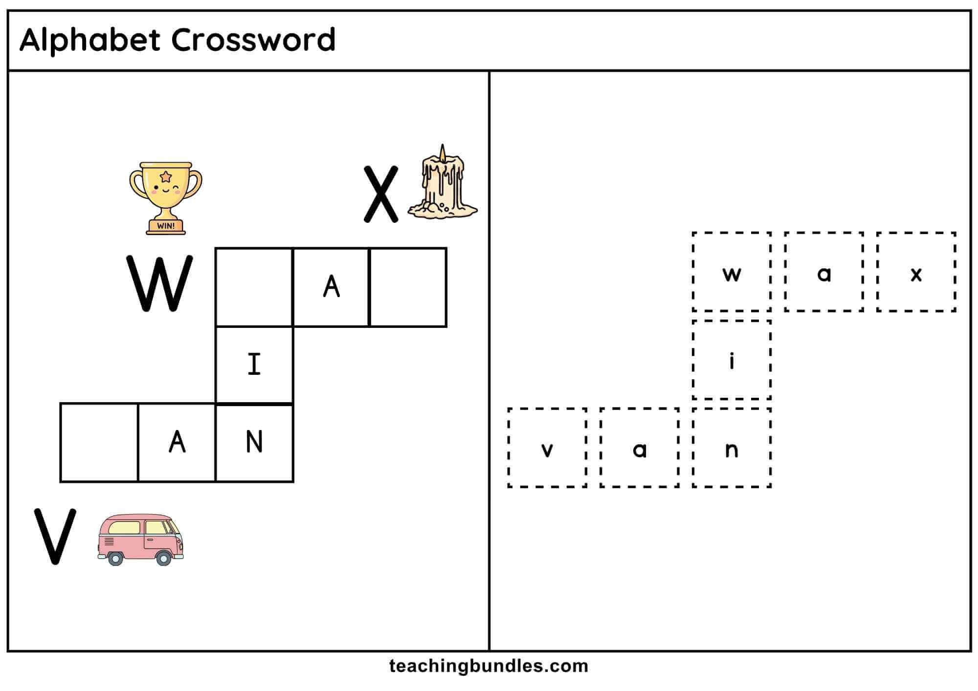 Alphabet crossword worksheet with van, win, and wax.