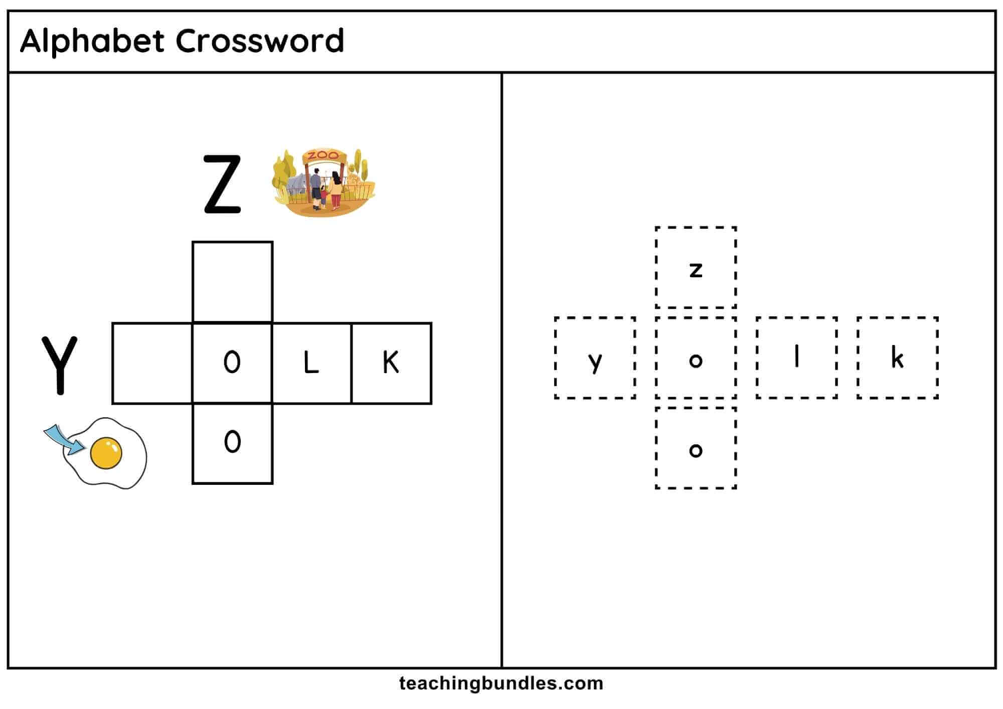 Alphabet crossword worksheet with yolk and zoo.