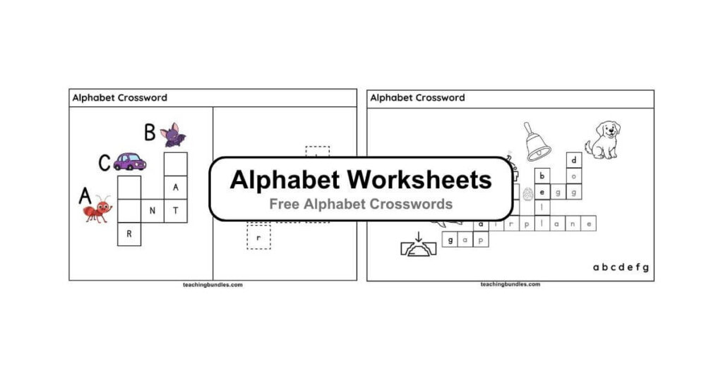 Alphabet learning crossword with pictures and words from A to Z for children.
