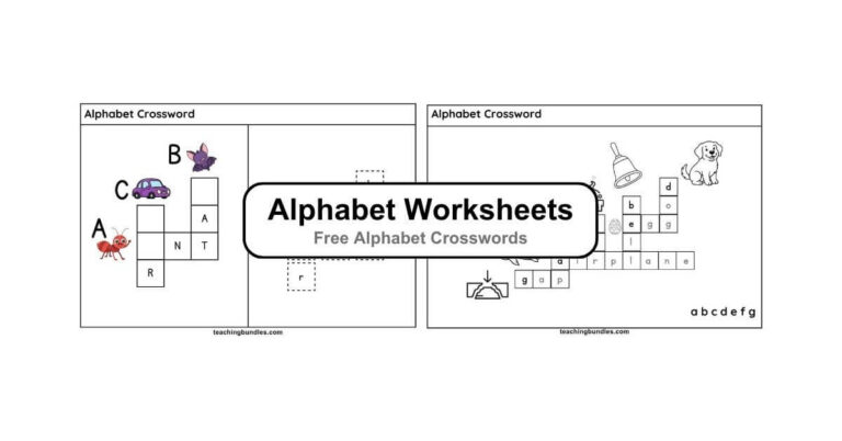Alphabet learning crossword with pictures and words from A to Z for children.