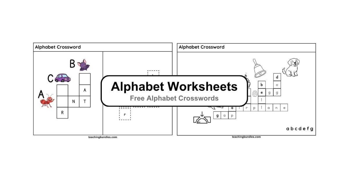 Alphabet learning crossword with pictures and words from A to Z for children.