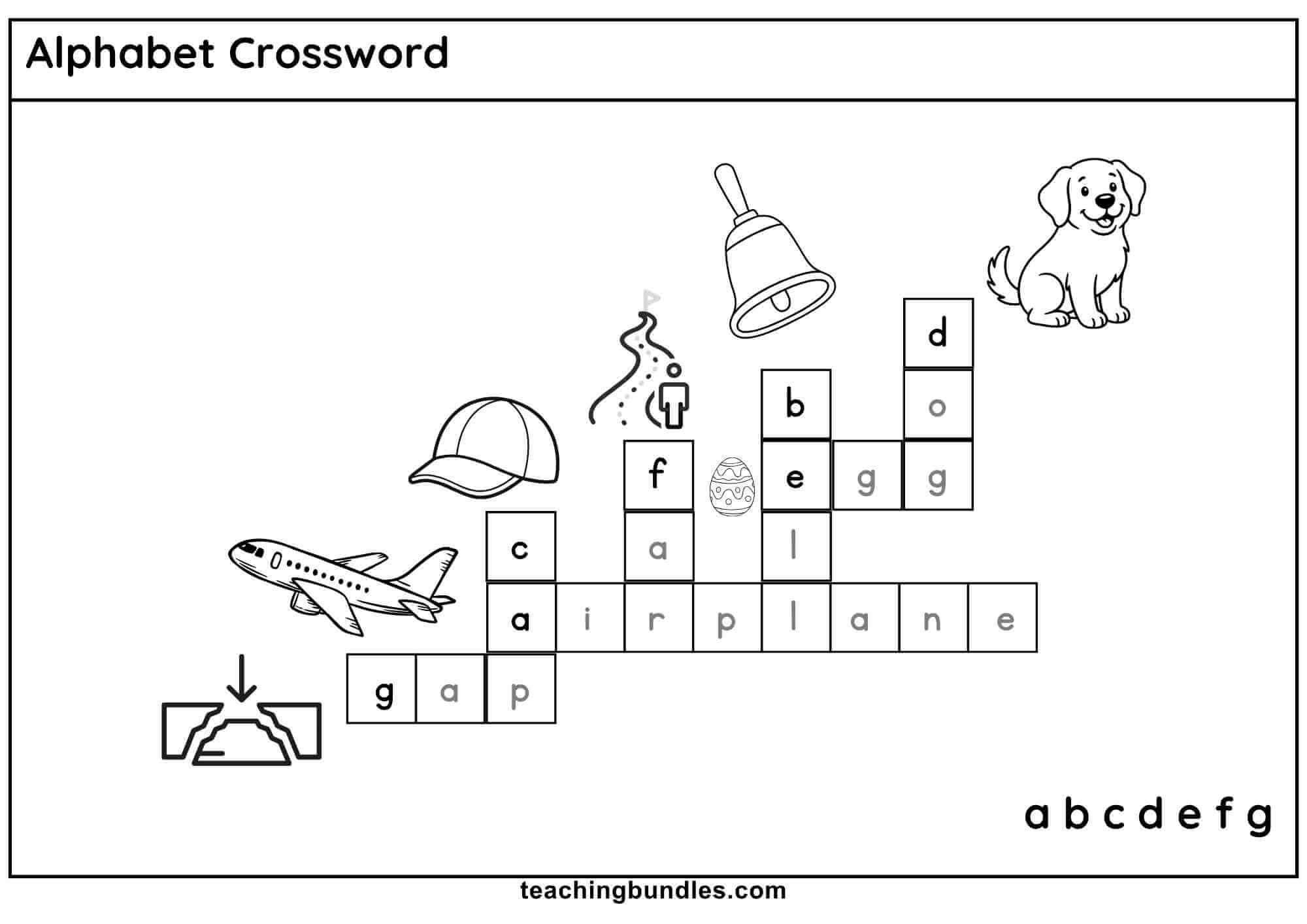 Alphabet crossword puzzle with pictures: airplane, bell, cap, dog, egg, far, gap.