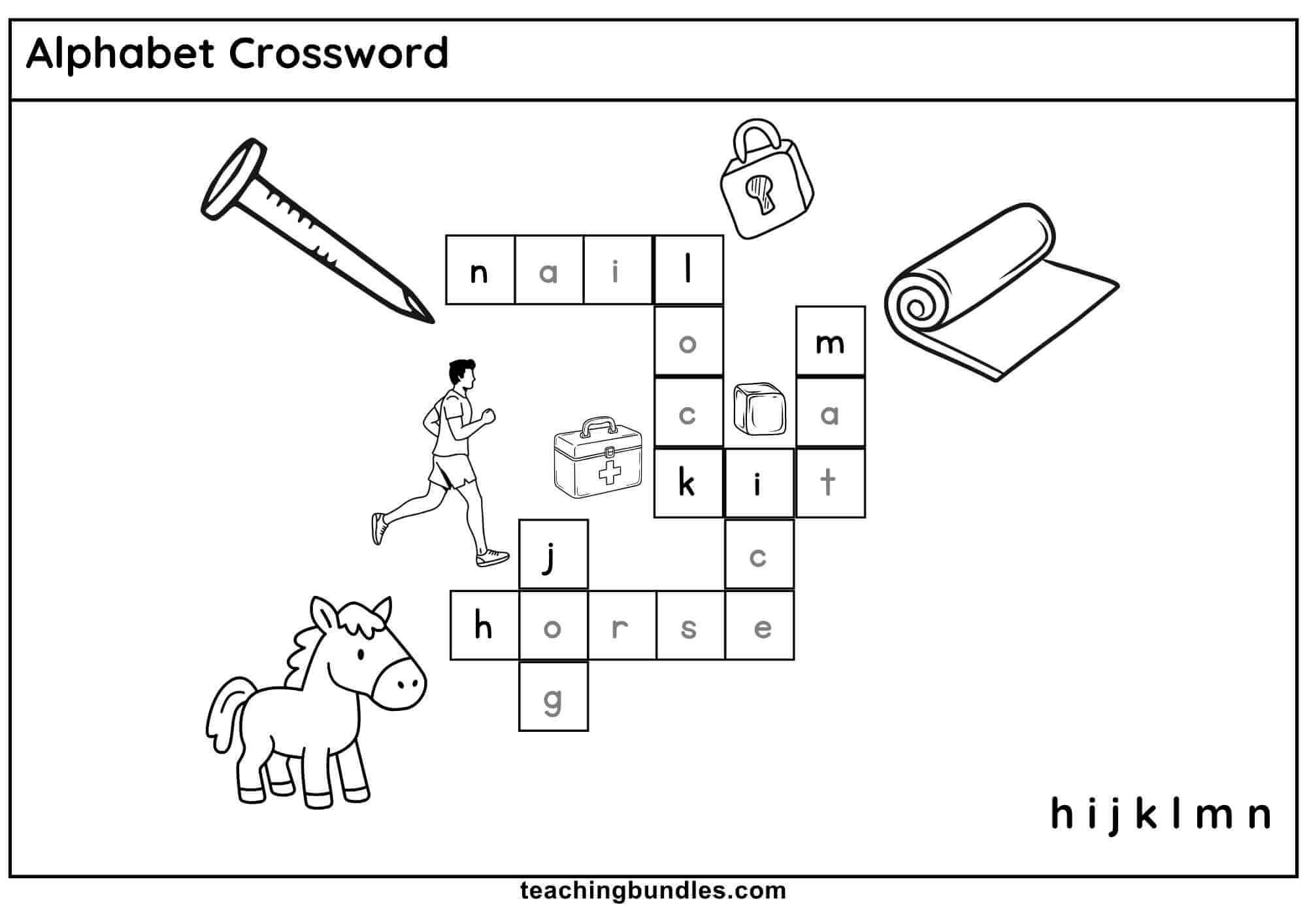 Alphabet crossword puzzle with pictures: horse, ice, jog, kit, lock, mat, nail.