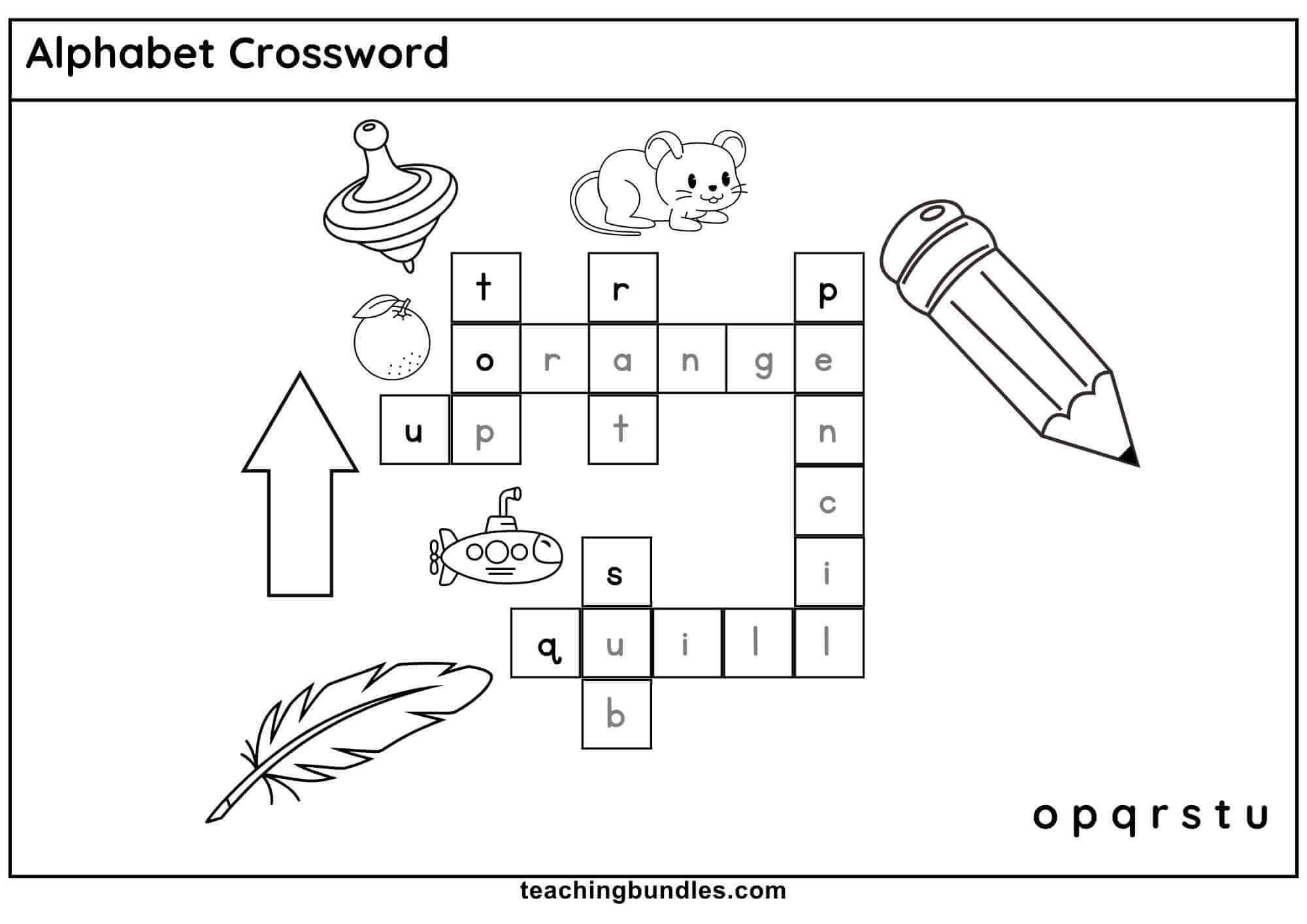 Alphabet crossword puzzle with pictures: orange, pencil, quill, rat, sub, top, up.