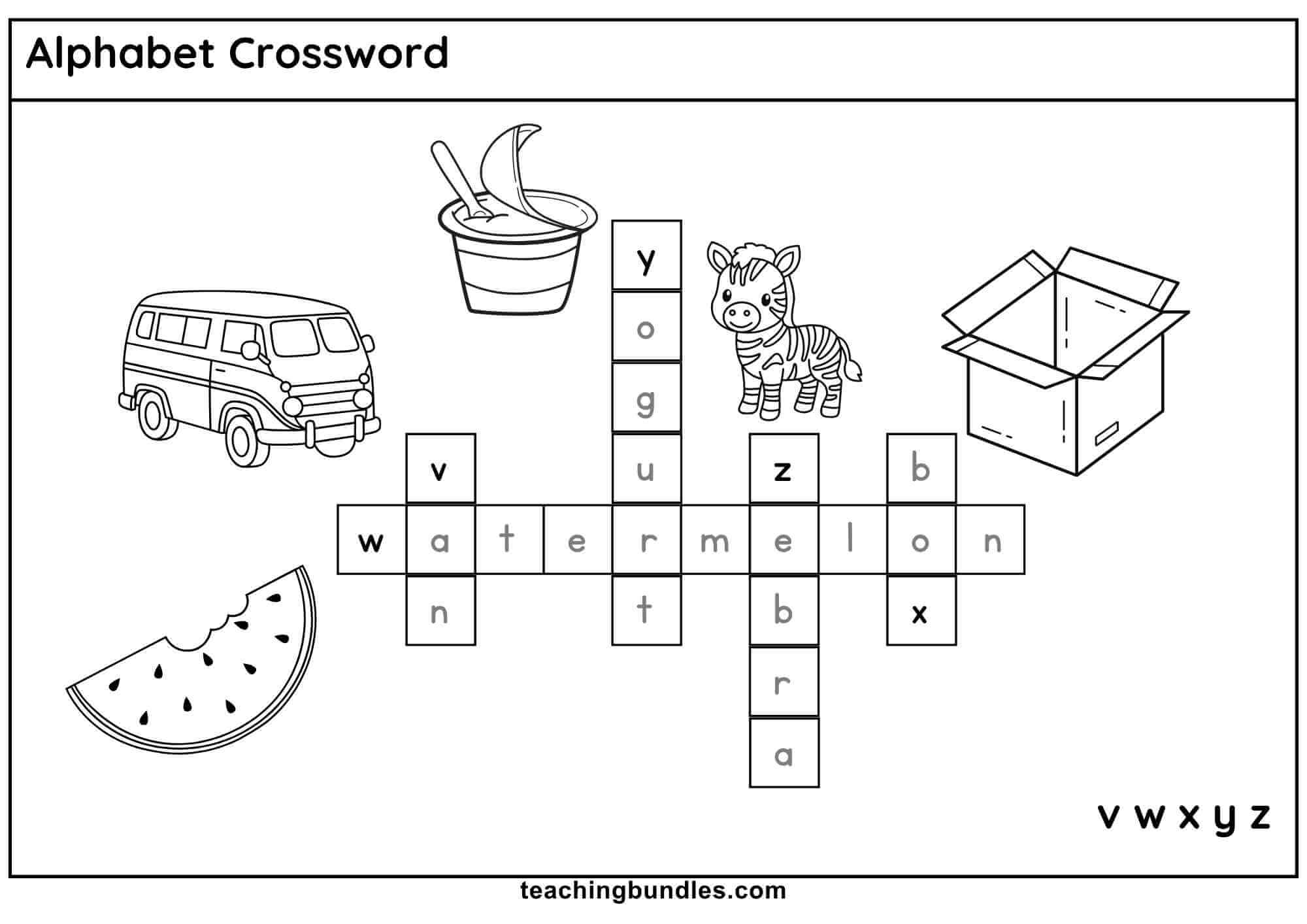 Alphabet crossword puzzle with pictures: van, watermelon, box, yogurt, zebra.