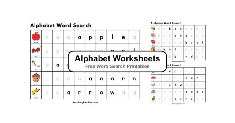 Alphabet word search worksheets A to Z with pictures for preschool literacy.