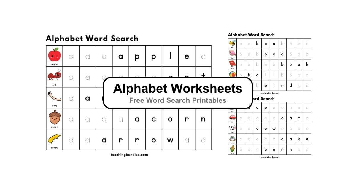Alphabet word search worksheets A to Z with pictures for preschool literacy.