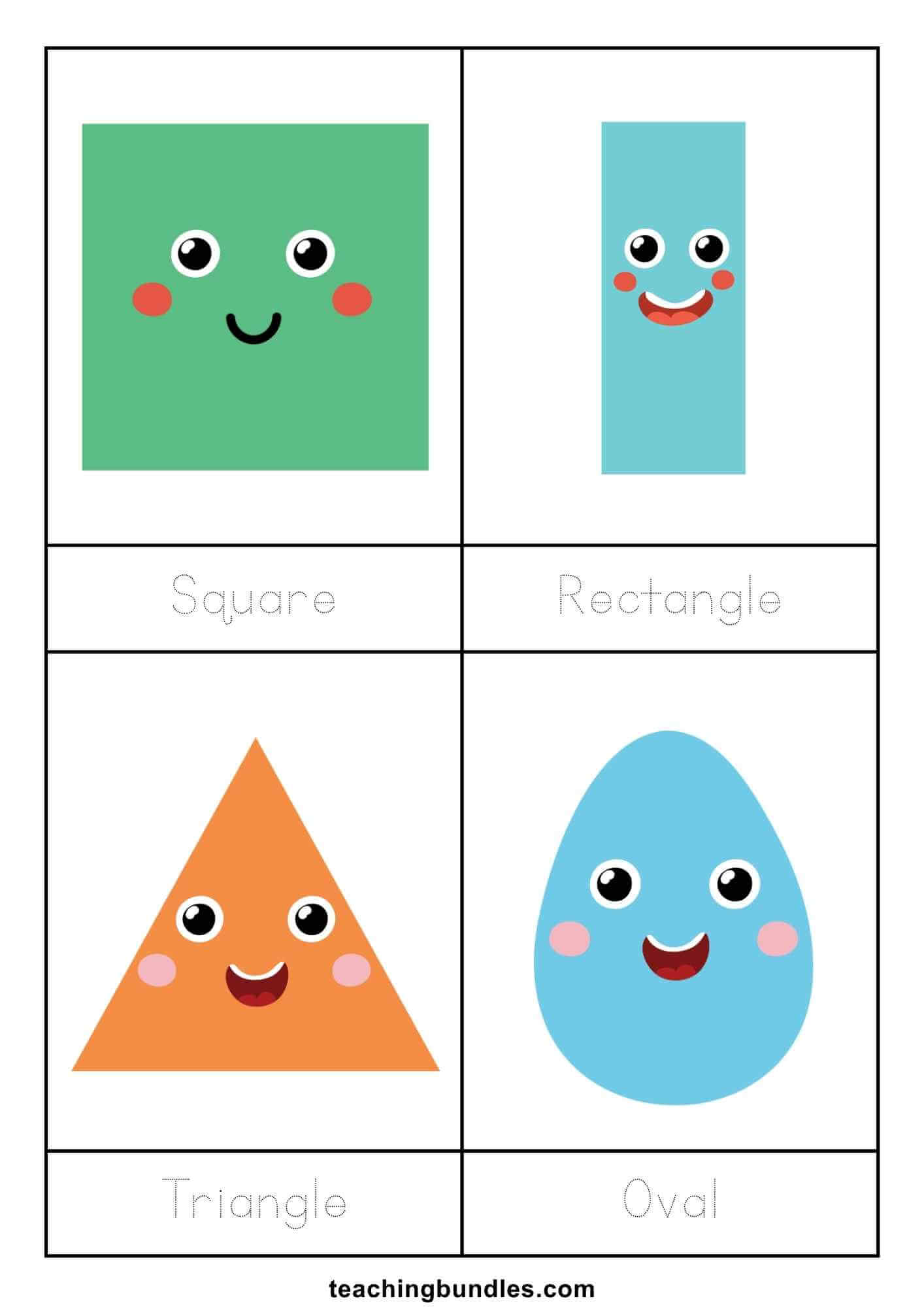 Flashcards with smiling square, rectangle, triangle, and oval, each with traceable words.