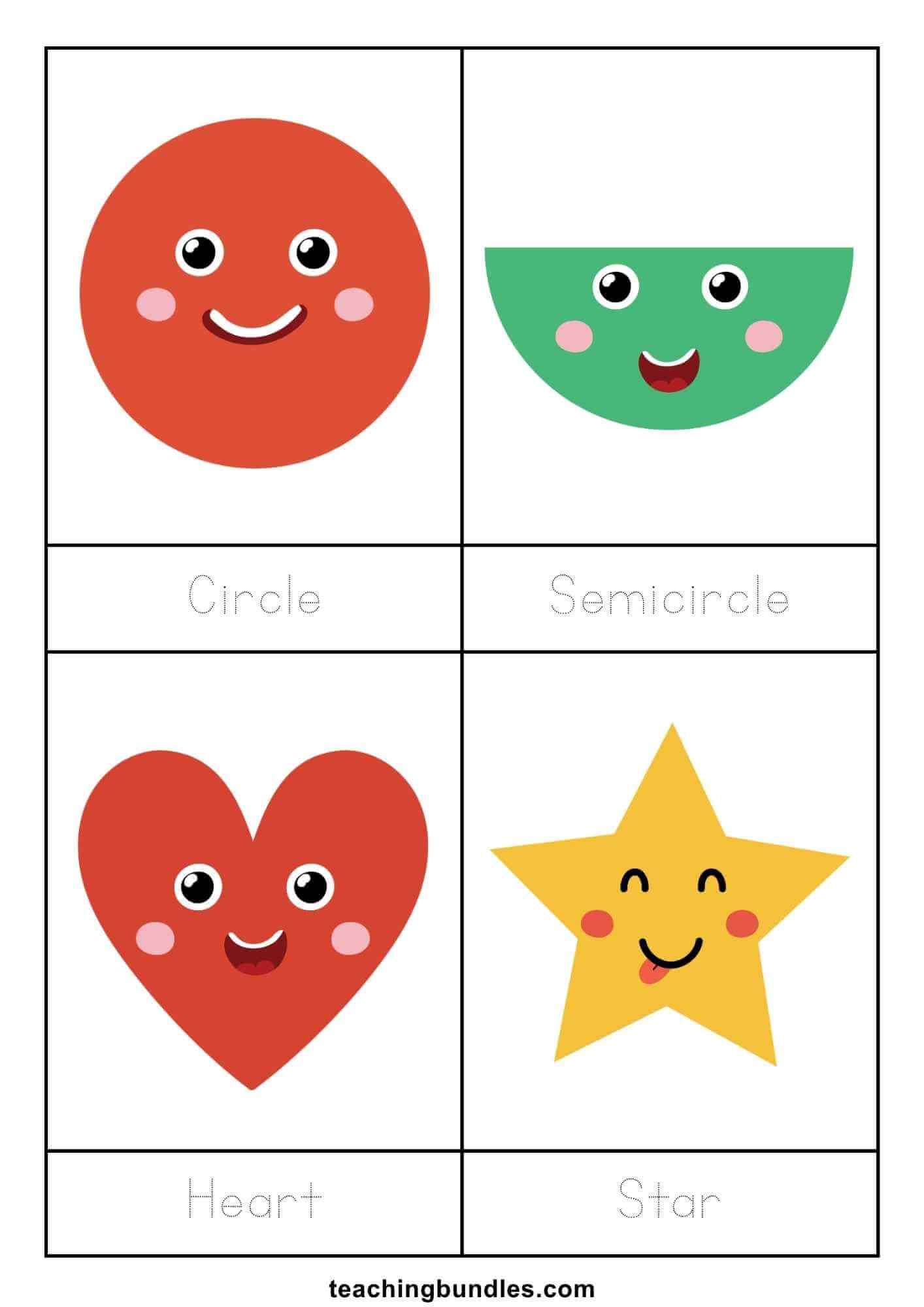 Flashcards with smiling circle, semicircle, heart, and star, each with traceable words.
