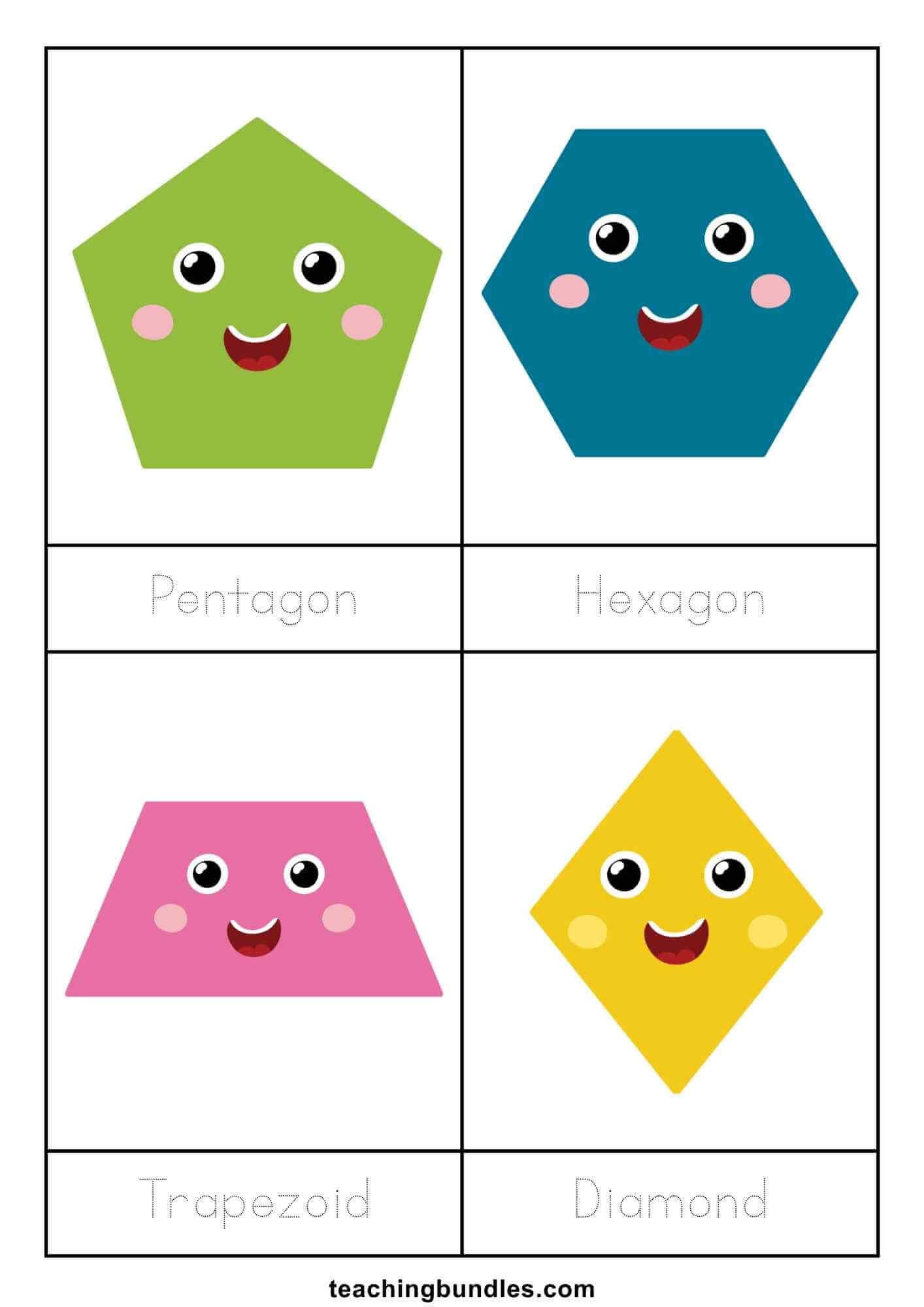 Flashcards with smiling pentagon, hexagon, trapezoid, and diamond, each with traceable words.