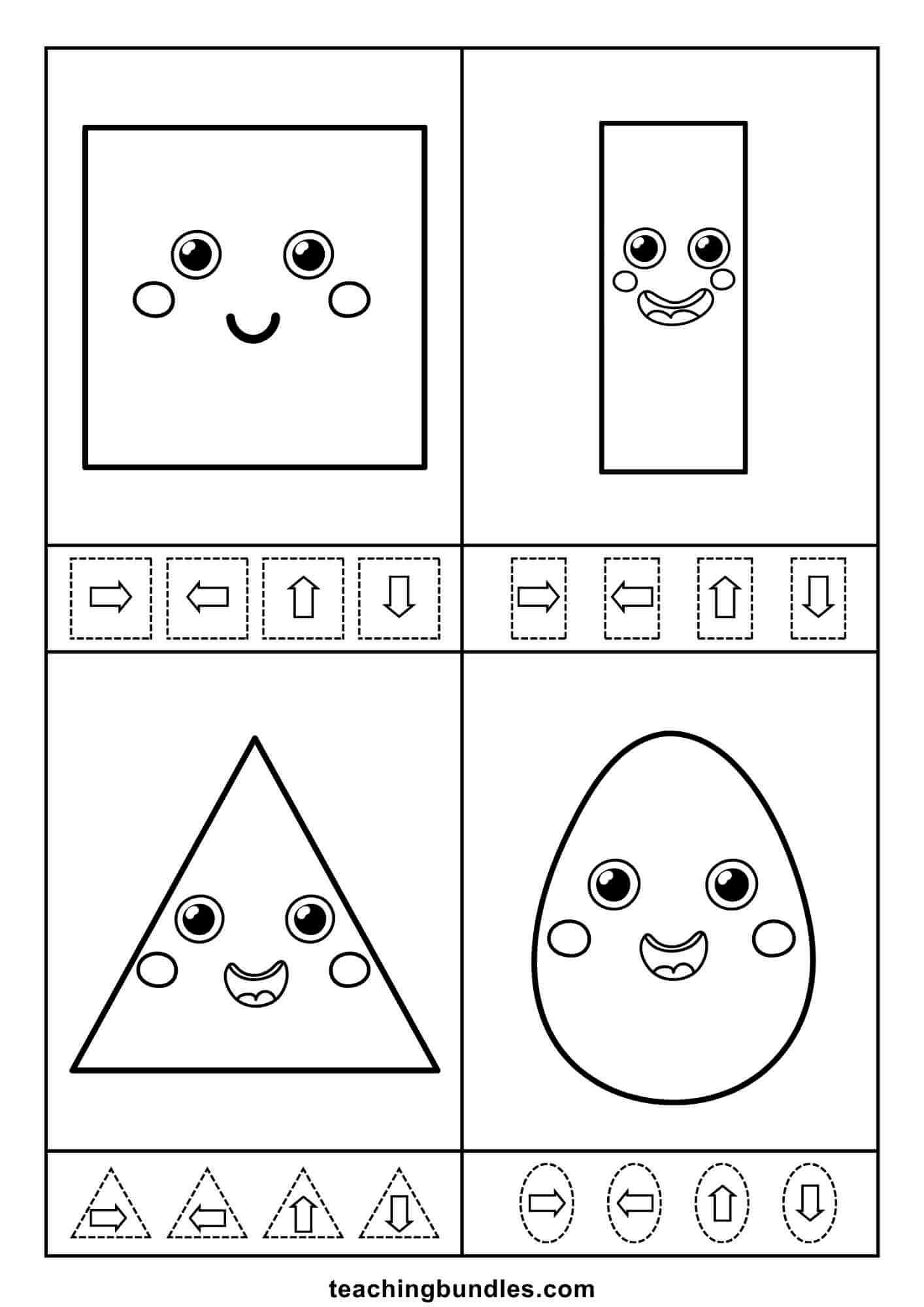 Square, rectangle, triangle, and oval paired with directional arrows.