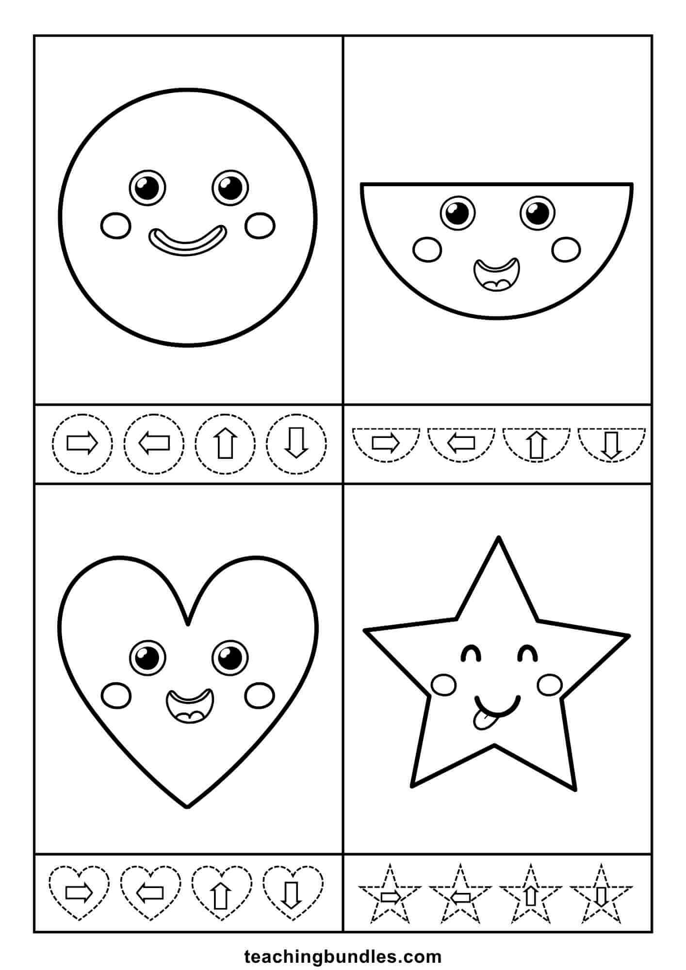 Circle, semicircle, heart, and star paired with directional arrows.