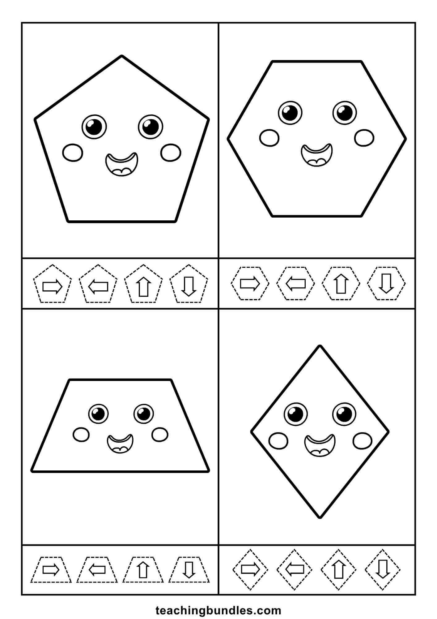 Pentagon, hexagon, trapezoid, and diamond paired with directional arrows.