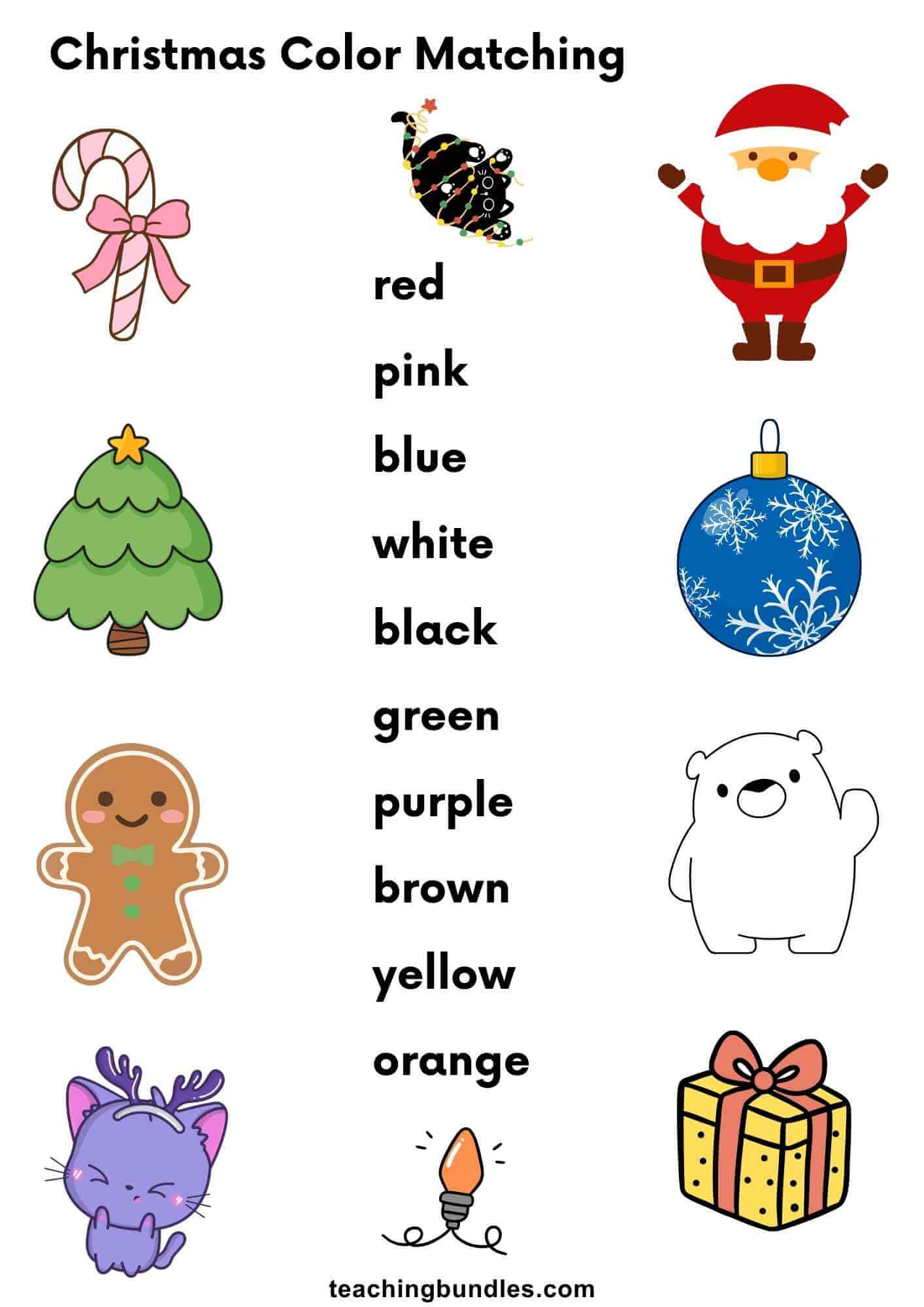 Preschool Christmas color matching worksheet with holiday symbols.