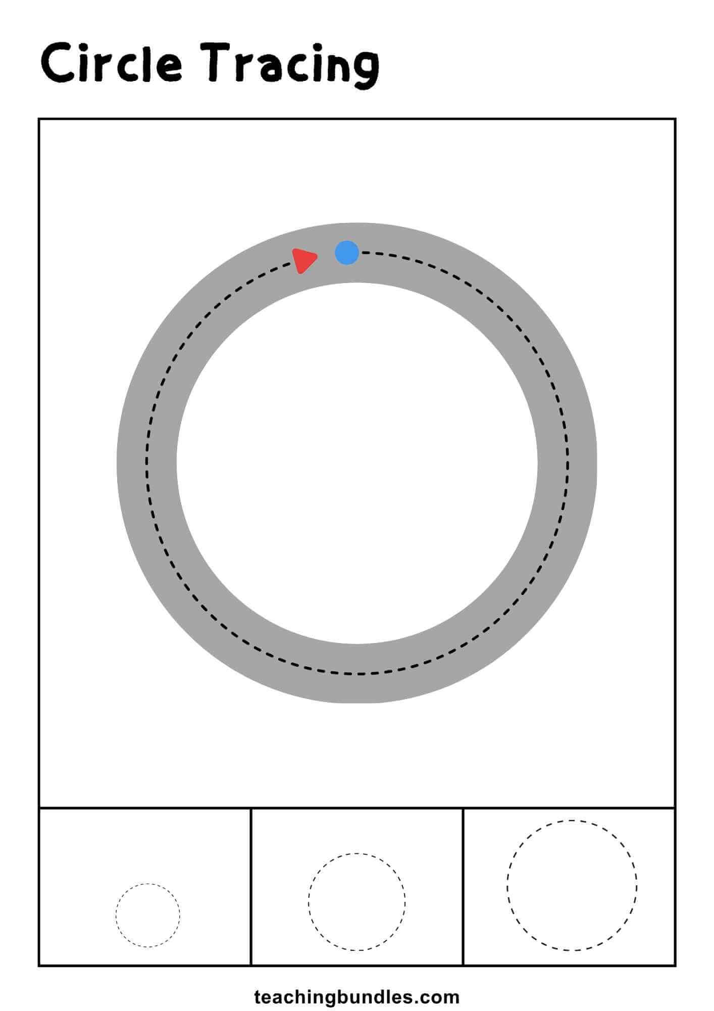 Circle tracing worksheet with large and small practice outlines.