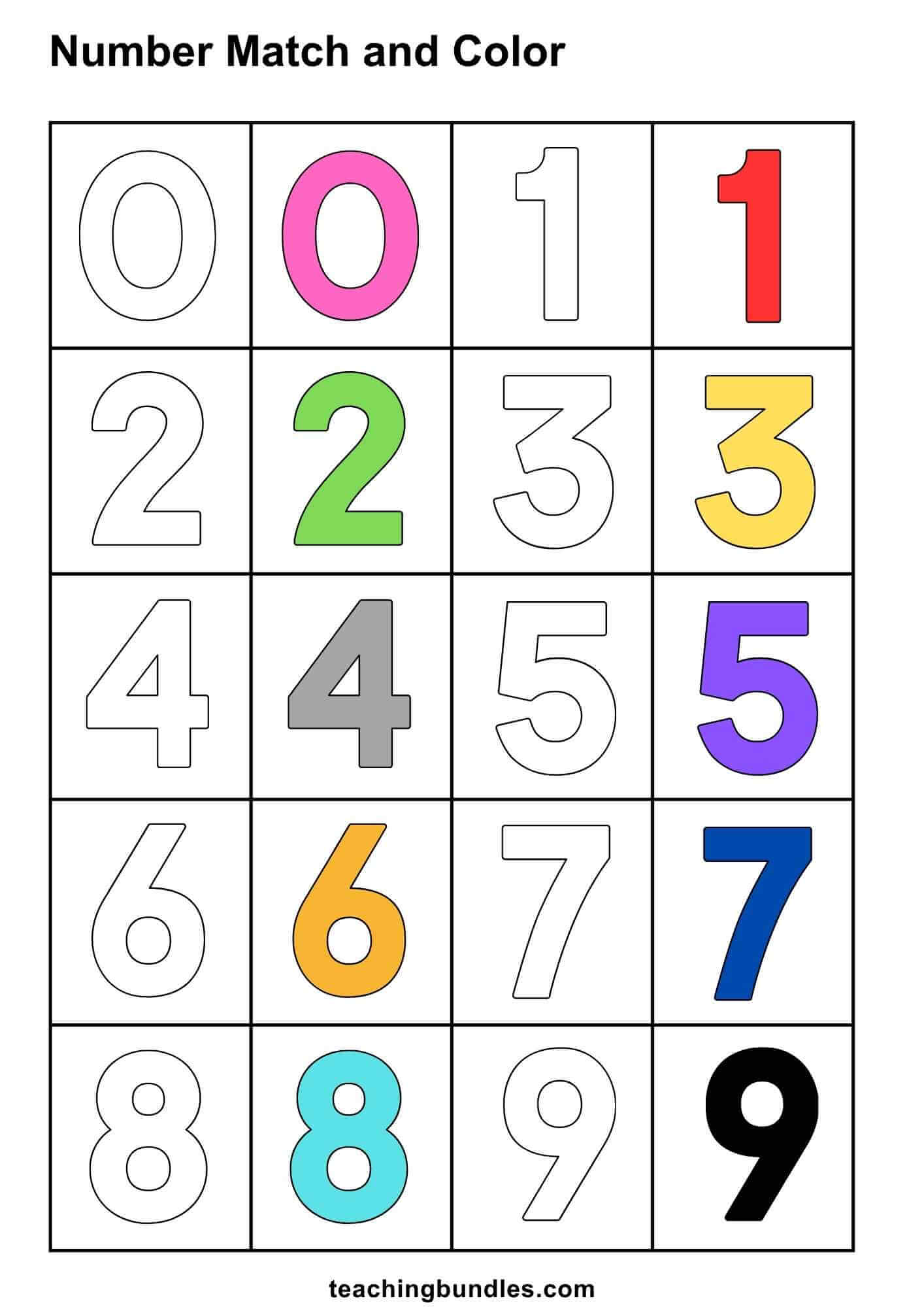Number matching and coloring worksheet for digits 0–9.