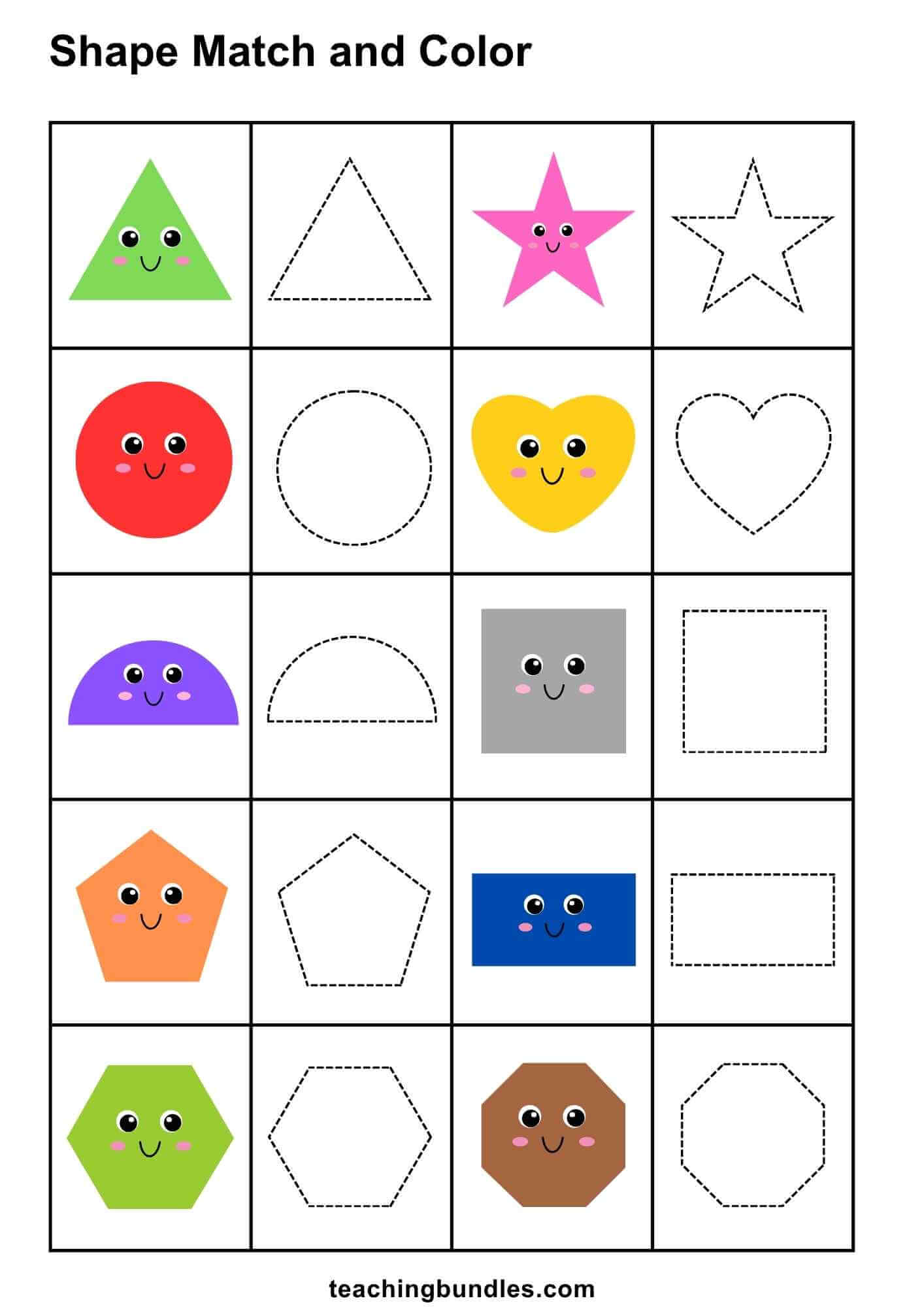 Shape matching and coloring worksheet for kids.