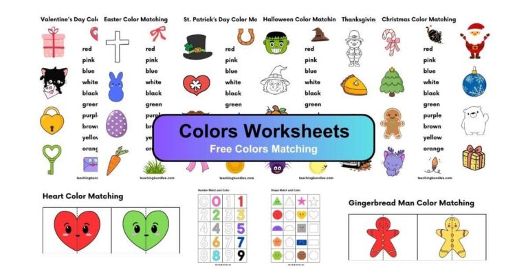 Preschool activity sheets for matching colors.