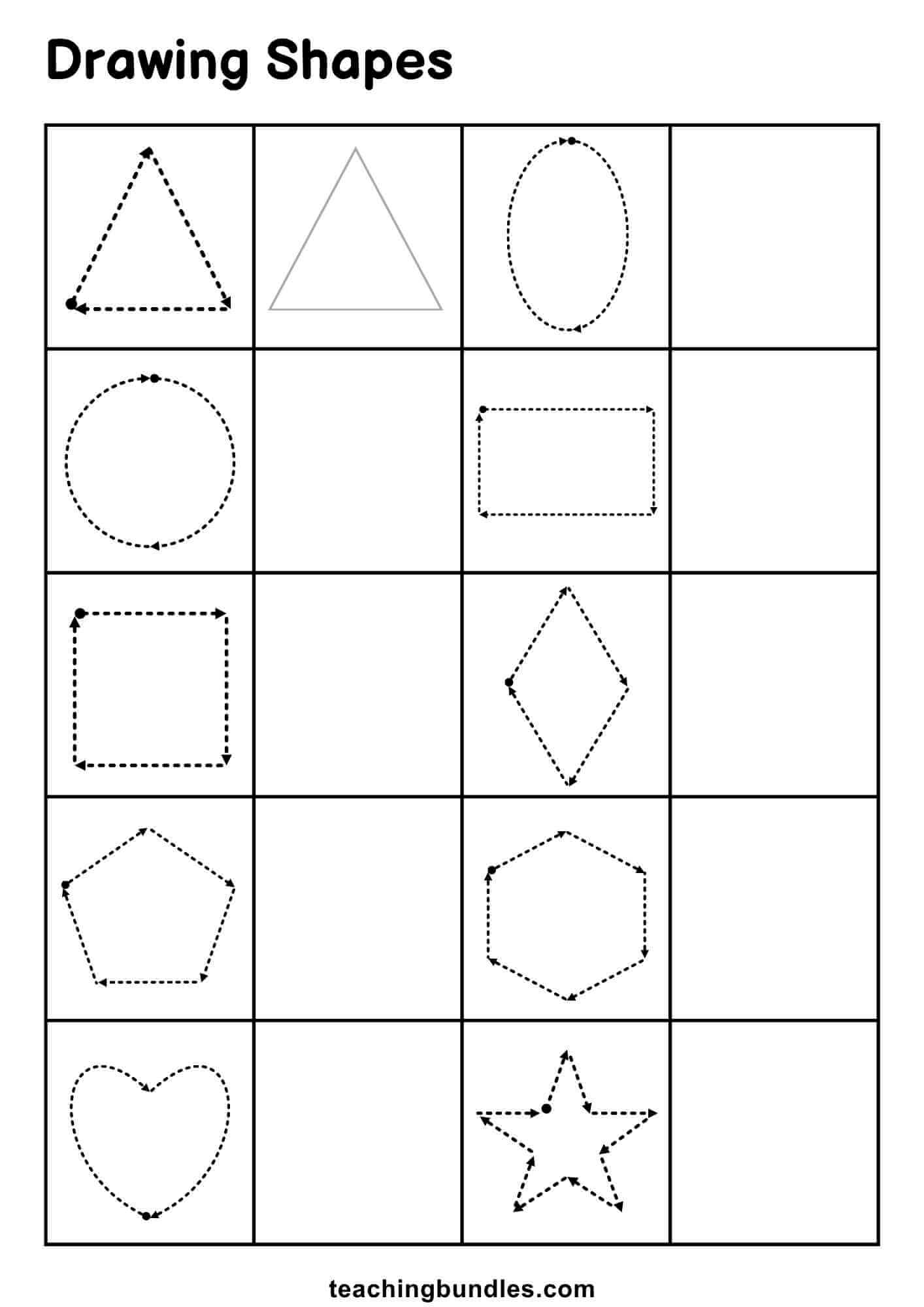 Shape tracing and drawing practice sheet.
