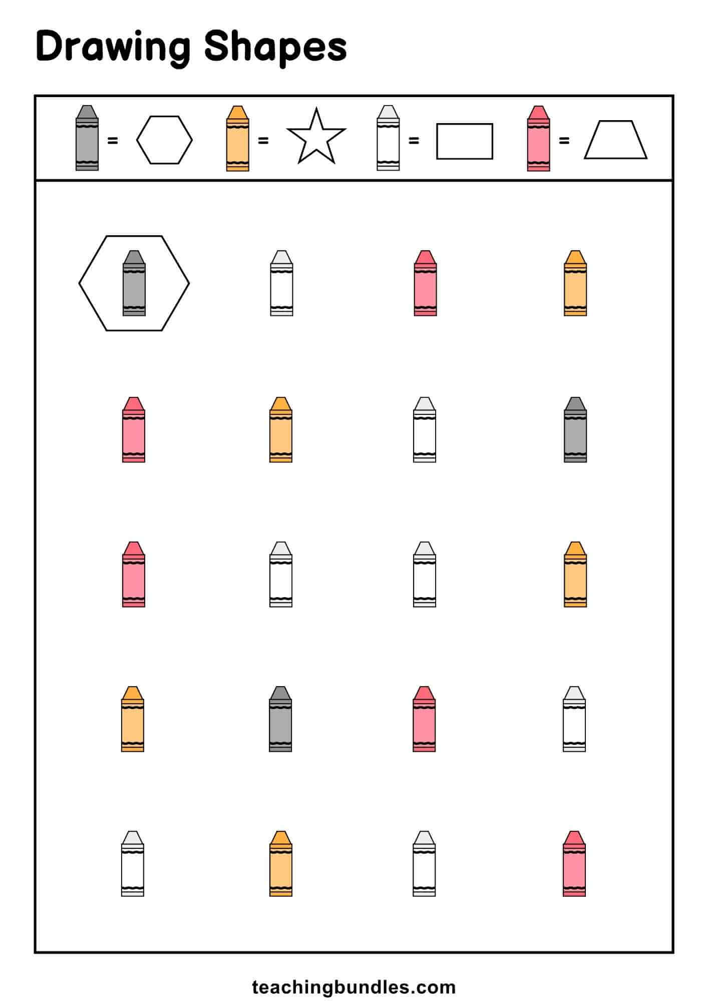 Drawing activity sheet teaching kids to identify shapes through color cues.