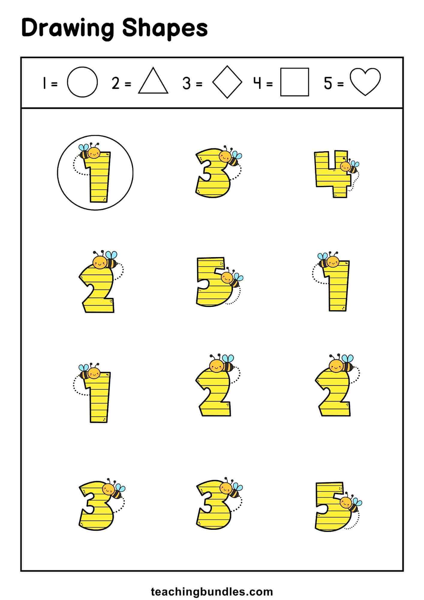 Bee‑themed worksheet teaching kids to match numbers with shapes.