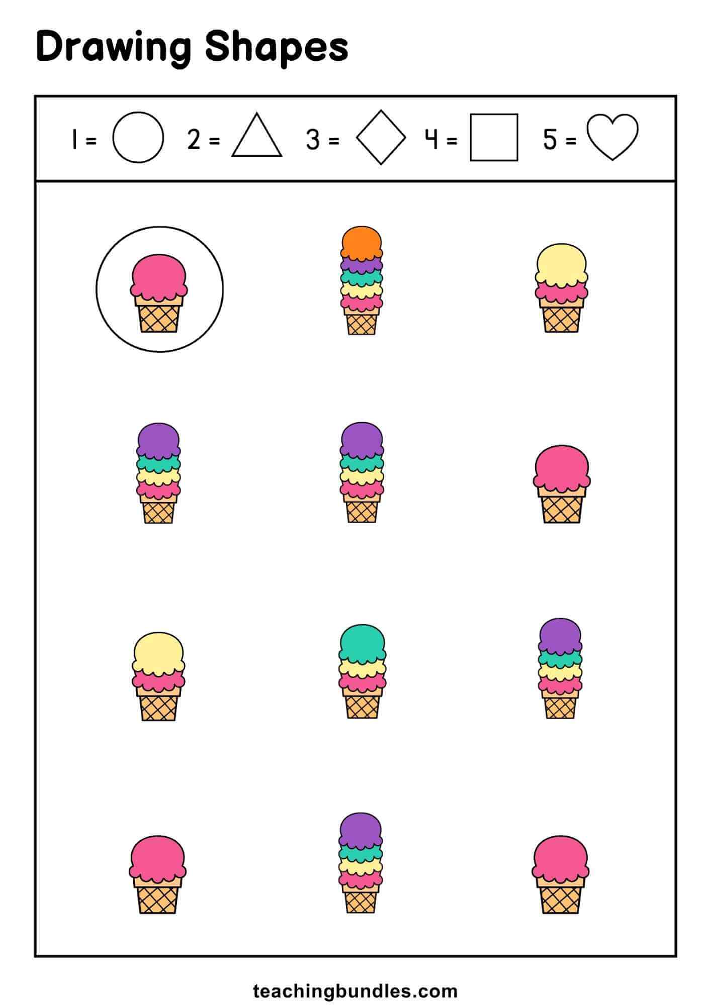 Ice cream‑themed learning worksheet guiding kids to recognize shapes.
