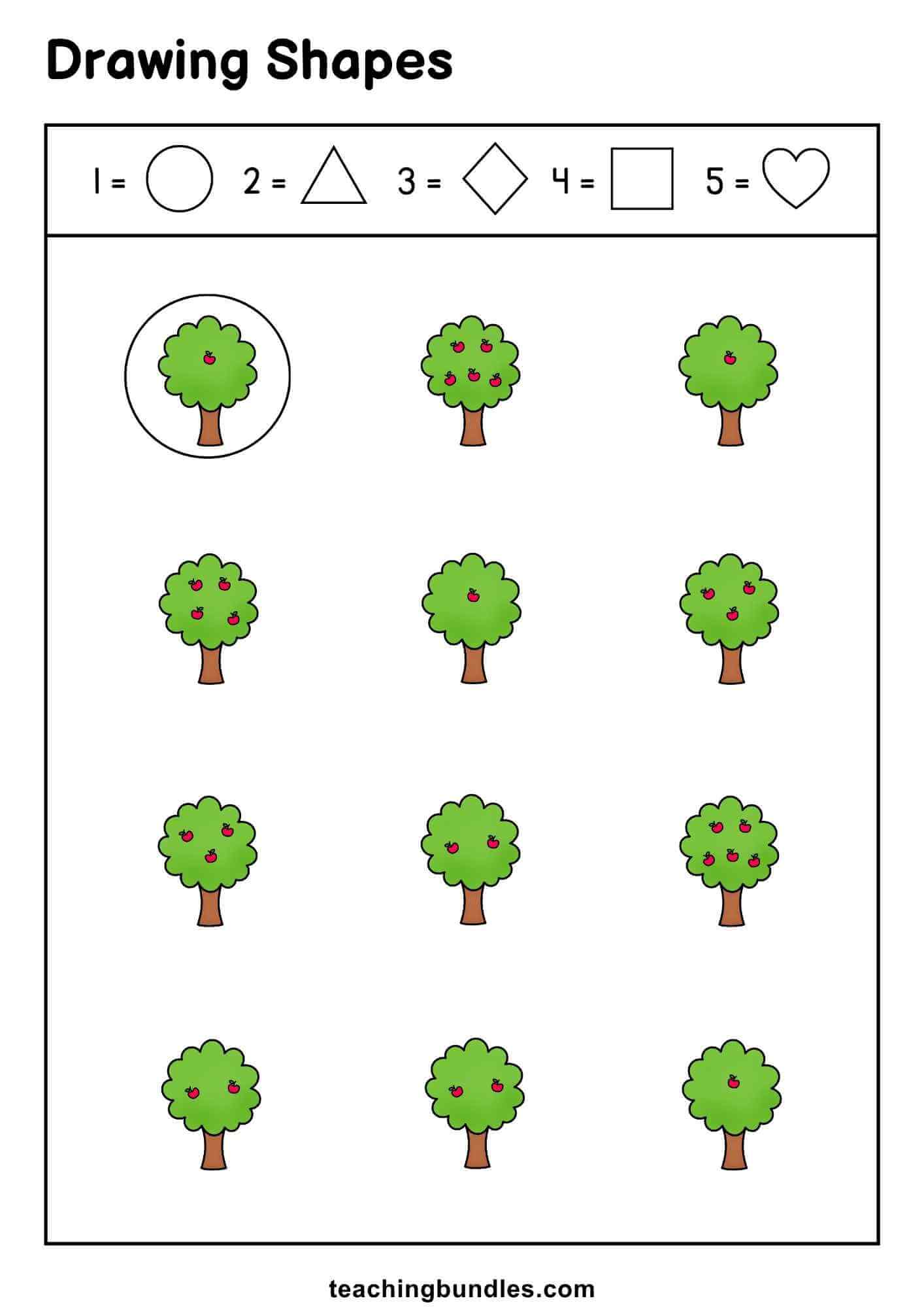 Apple tree activity sheet helping children connect numbers and shapes.
